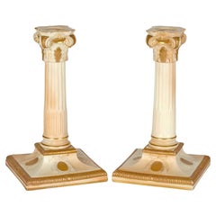 Royal Worcester Pair Blush Ivory Porcelain Column Candlesticks
