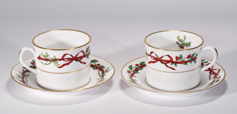 Royal Worcester Pair of Holly Ribbons Cup and Saucer Sets, England 