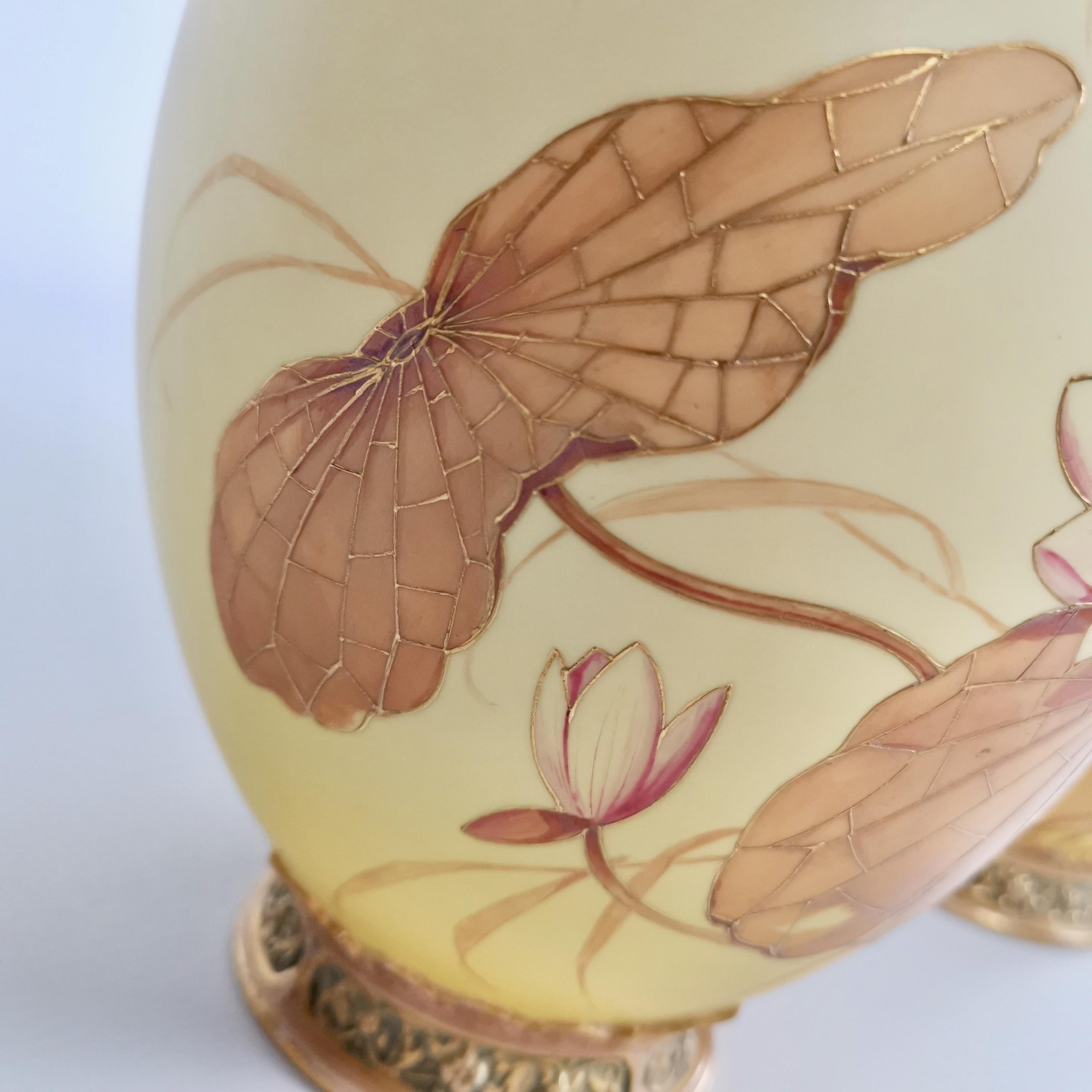 Royal Worcester Pair of Persian Porcelain Vases, Blush Ivory Japanese Lotus 1890 5