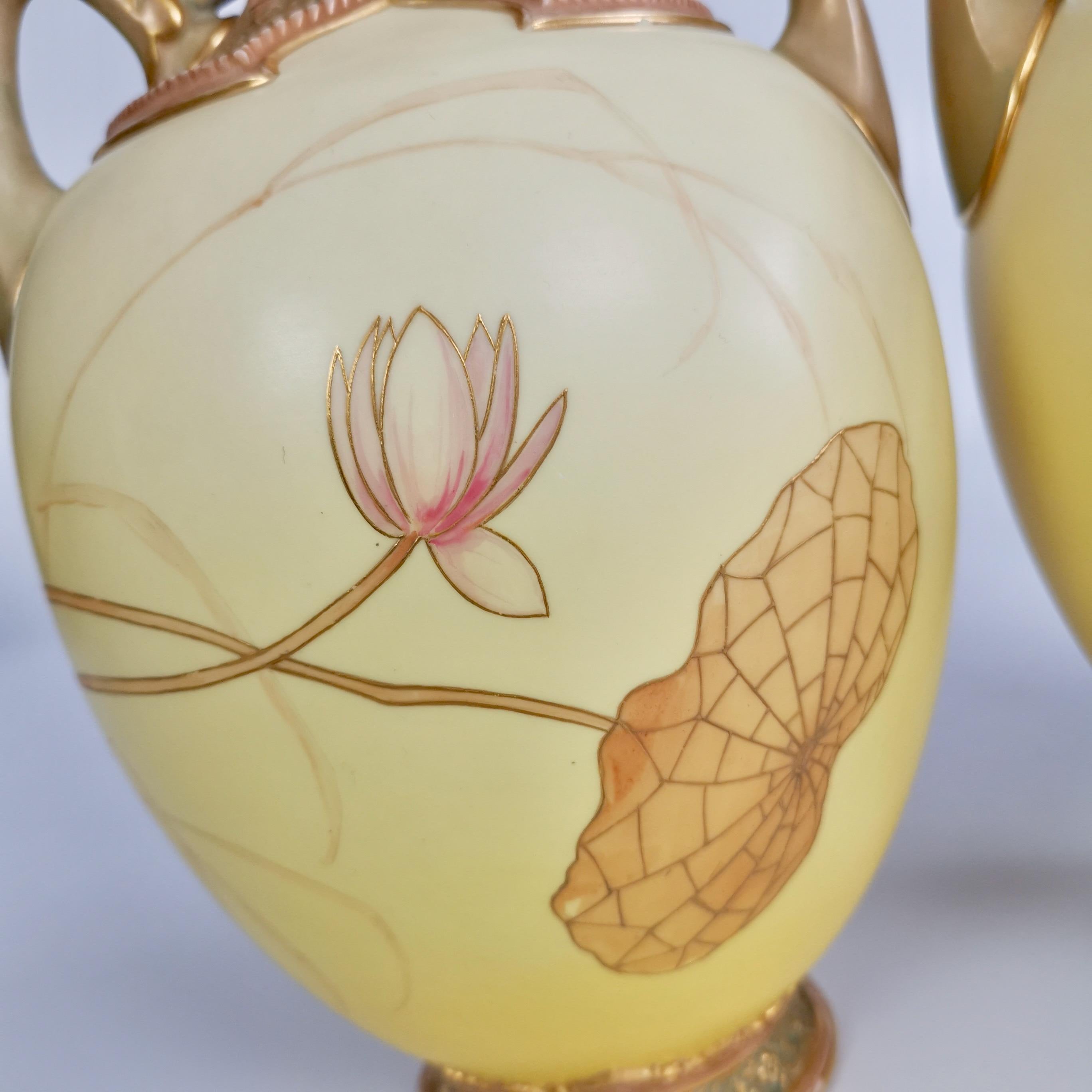 Royal Worcester Pair of Persian Porcelain Vases, Blush Ivory Japanese Lotus 1890 6