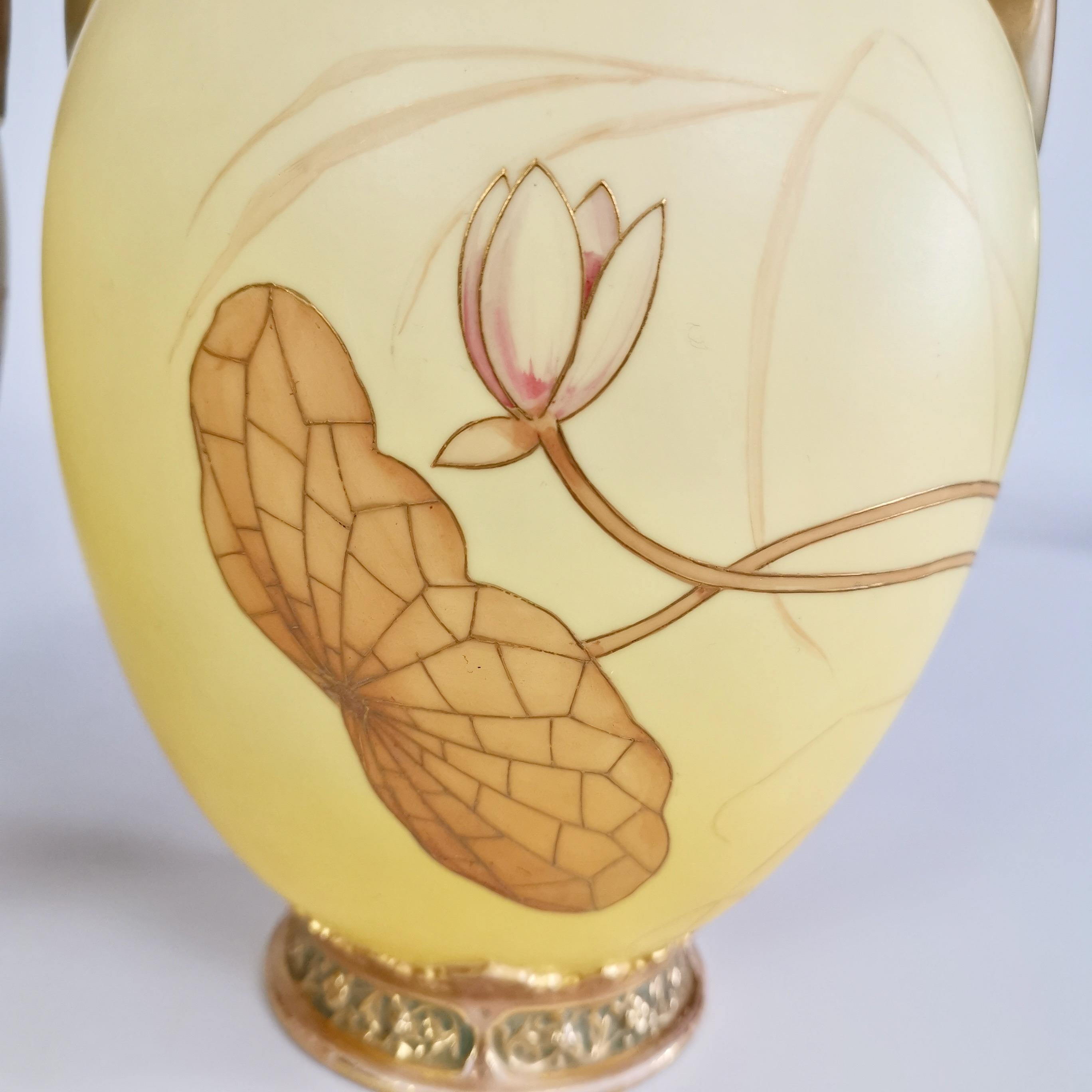 Royal Worcester Pair of Persian Porcelain Vases, Blush Ivory Japanese Lotus 1890 7