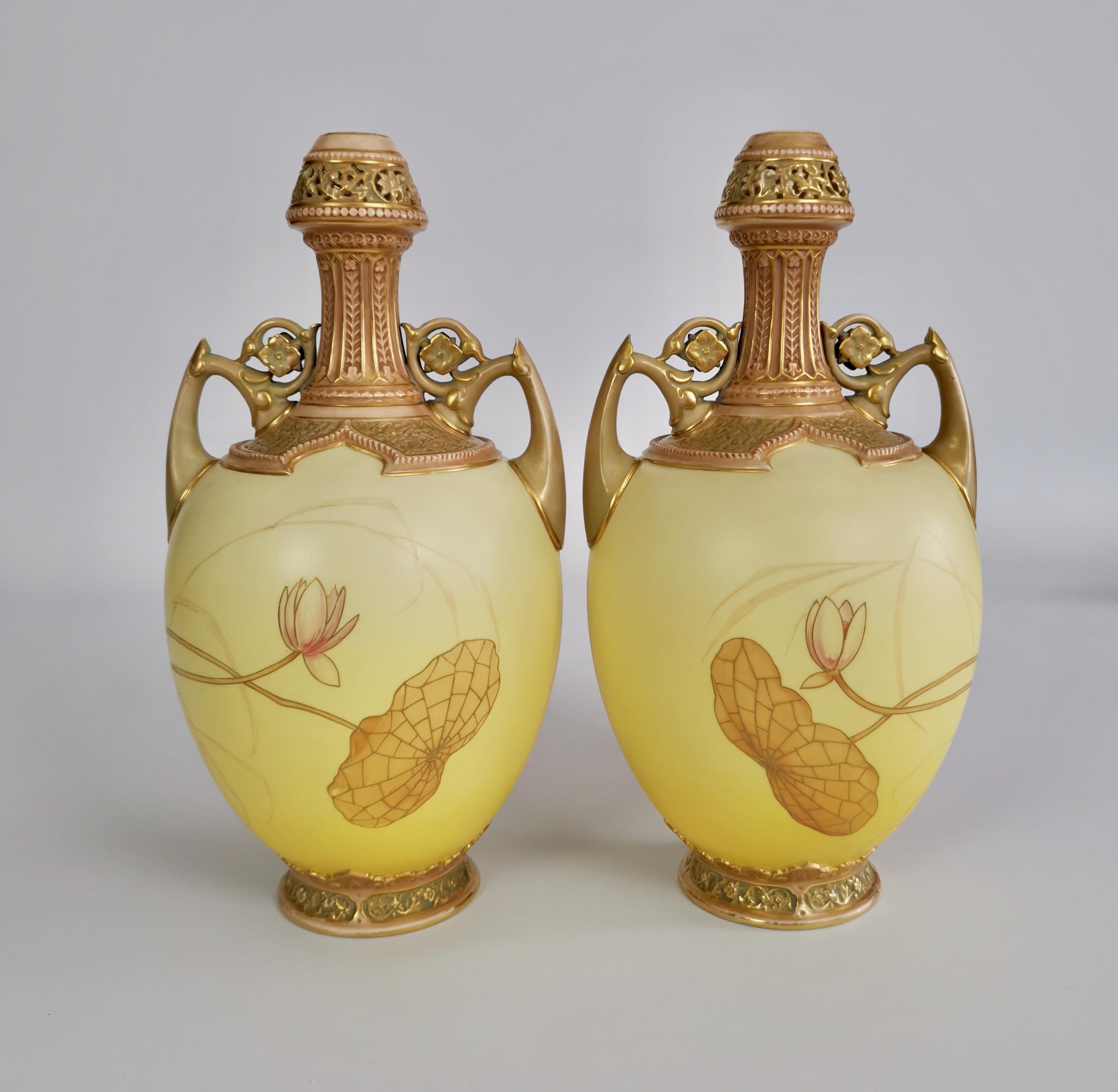 High Victorian Royal Worcester Pair of Persian Porcelain Vases, Blush Ivory Japanese Lotus 1890