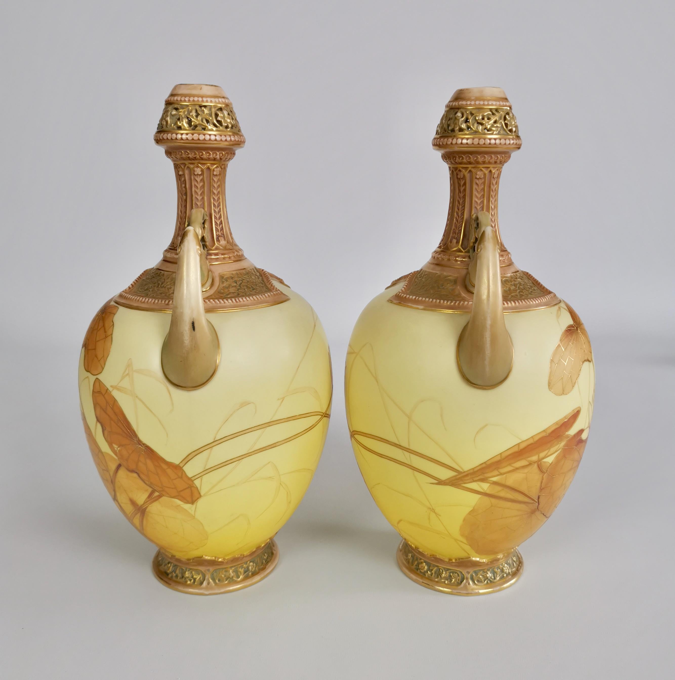 English Royal Worcester Pair of Persian Porcelain Vases, Blush Ivory Japanese Lotus 1890