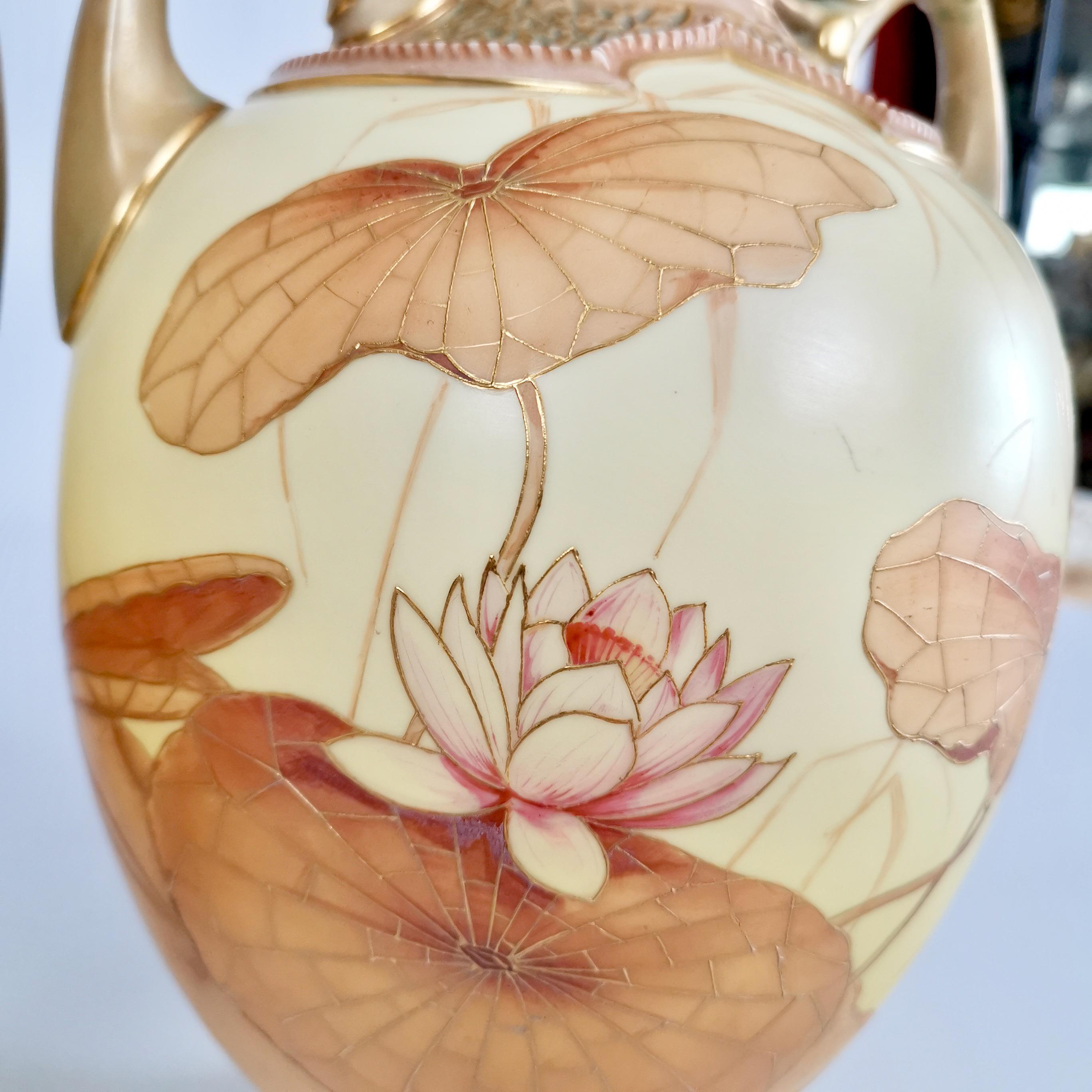 Late 19th Century Royal Worcester Pair of Persian Porcelain Vases, Blush Ivory Japanese Lotus 1890