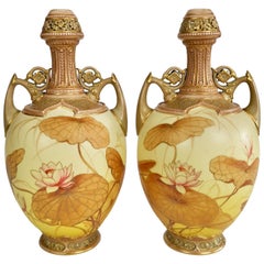 Royal Worcester Pair of Persian Porcelain Vases, Blush Ivory Japanese Lotus 1890