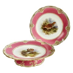 Antique Royal Worcester Pair of Porcelain Comports, Pink with Named Birds, 1852-1862