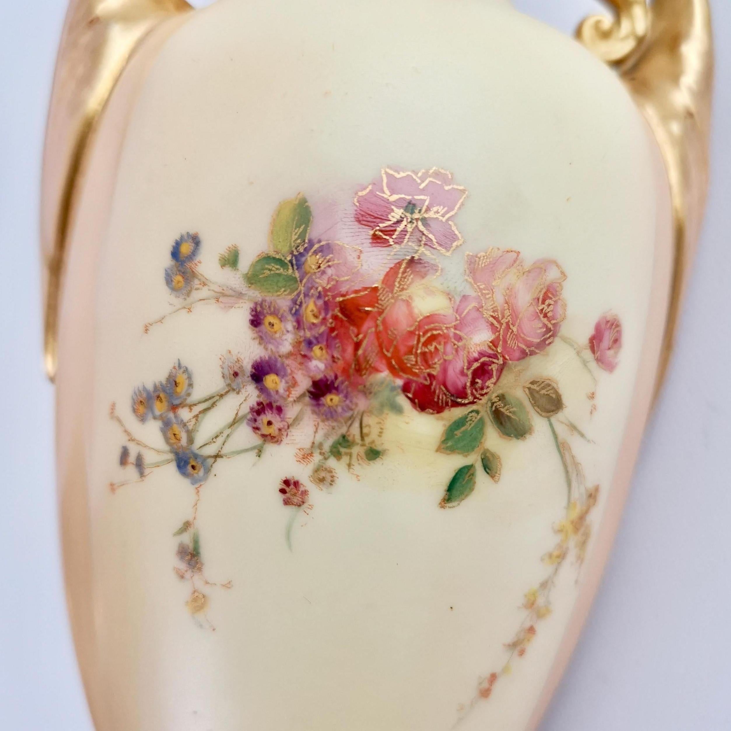 Royal Worcester Pair of Porcelain Vases, Blush Ivory, Flowers, Edwardian, 1907 2