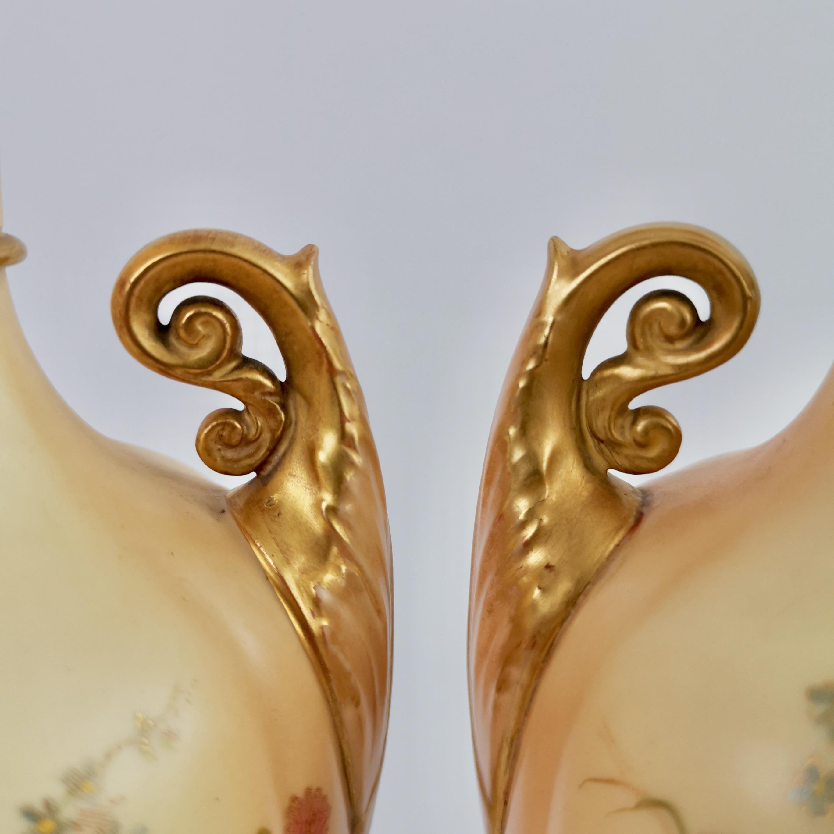 English Royal Worcester Pair of Porcelain Vases, Blush Ivory, Flowers, Edwardian, 1907