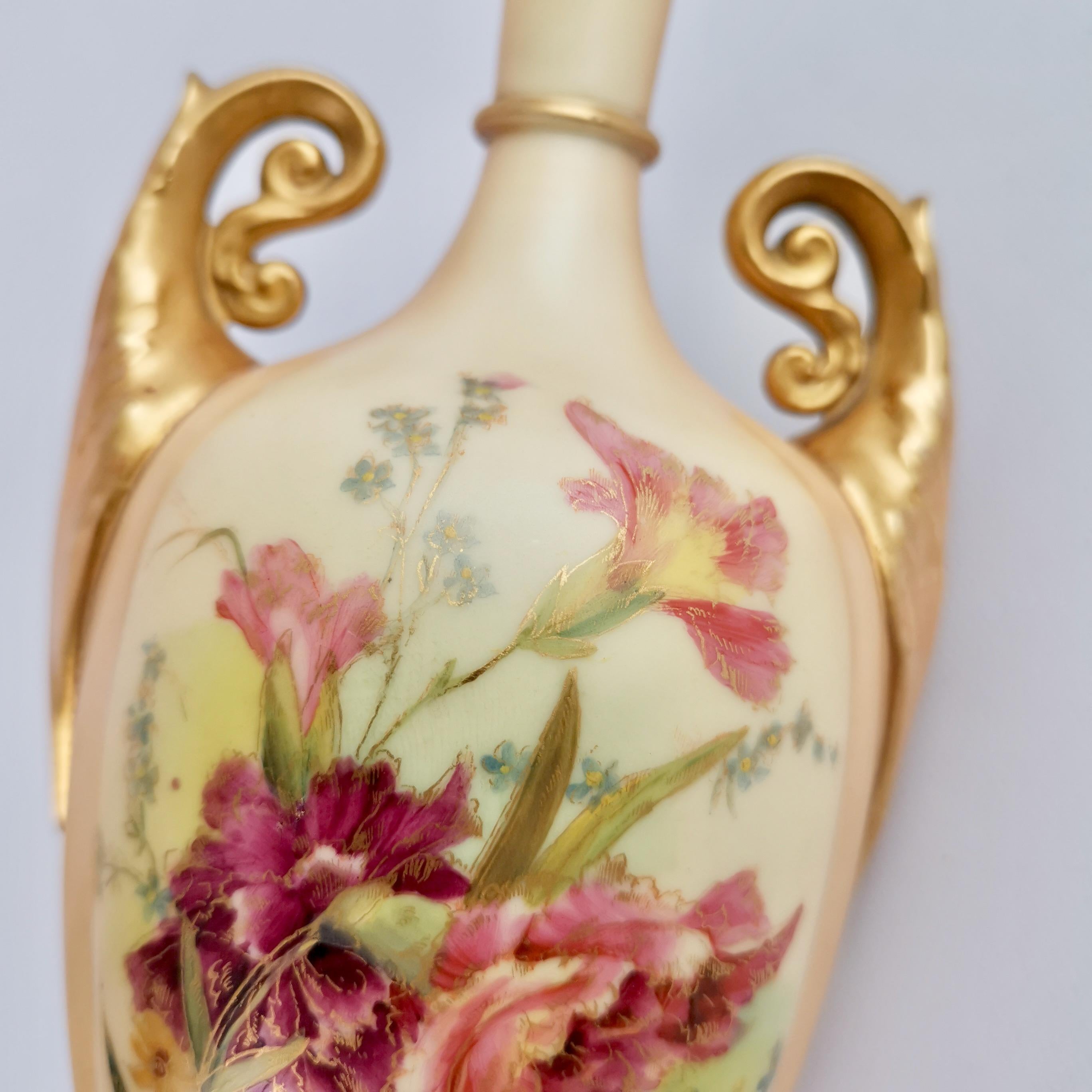 Early 20th Century Royal Worcester Pair of Porcelain Vases, Blush Ivory, Flowers, Edwardian, 1907