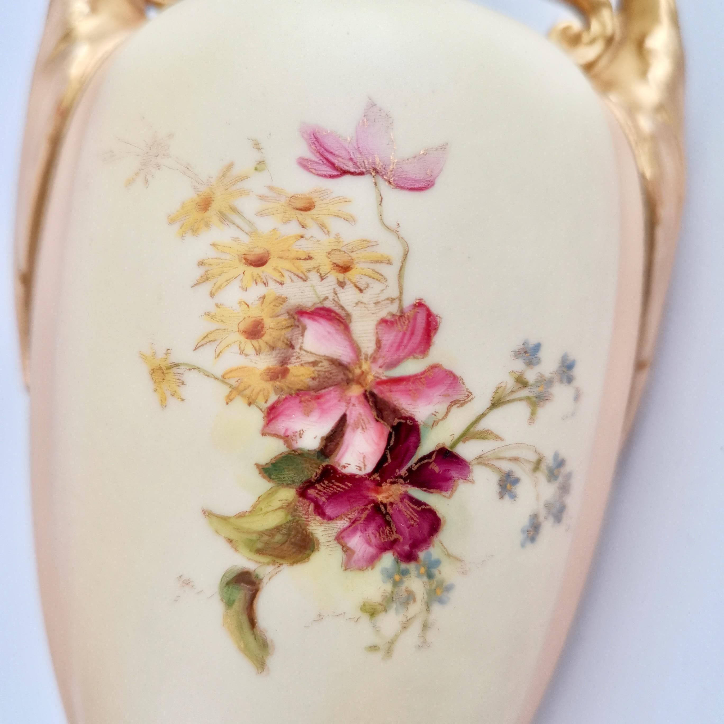 Royal Worcester Pair of Porcelain Vases, Blush Ivory, Flowers, Edwardian, 1907 1