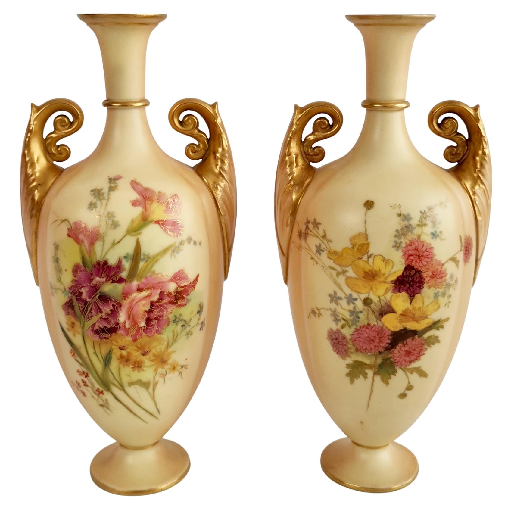 Royal Worcester Pair of Porcelain Vases, Blush Ivory, Flowers, Edwardian, 1907