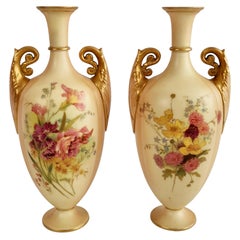 Antique Royal Worcester Pair of Porcelain Vases, Blush Ivory, Flowers, Edwardian, 1907