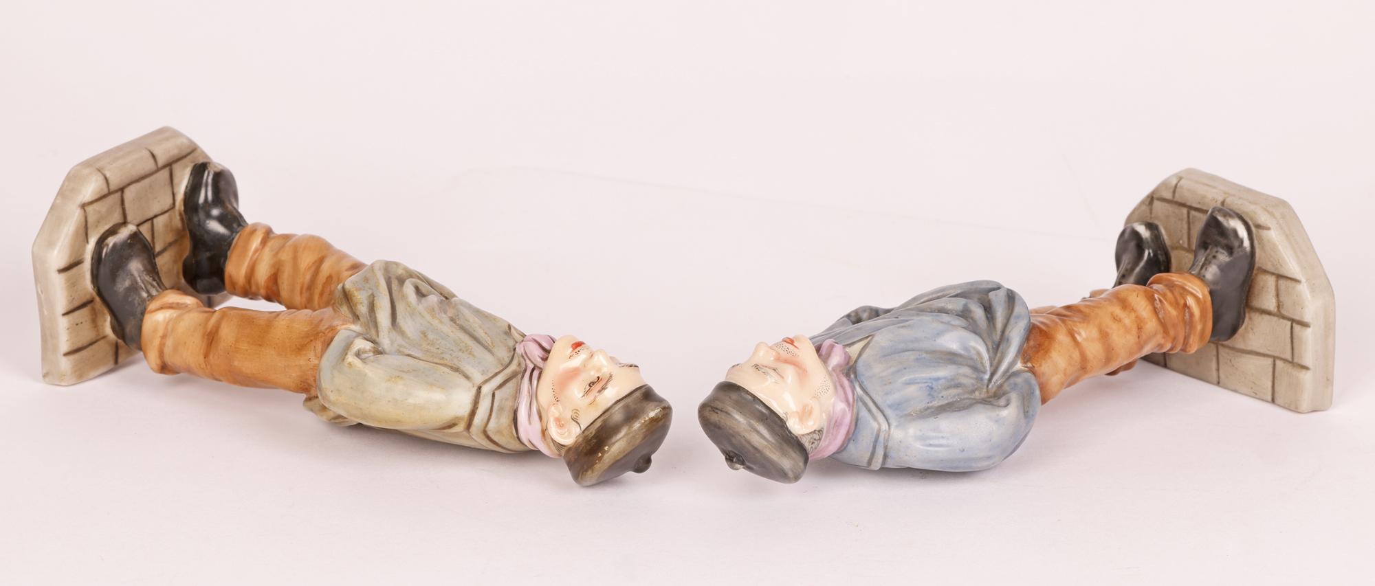Hand-Painted Royal Worcester Pair Porcelain Down & Out Chinaman Menu Holder Figures For Sale