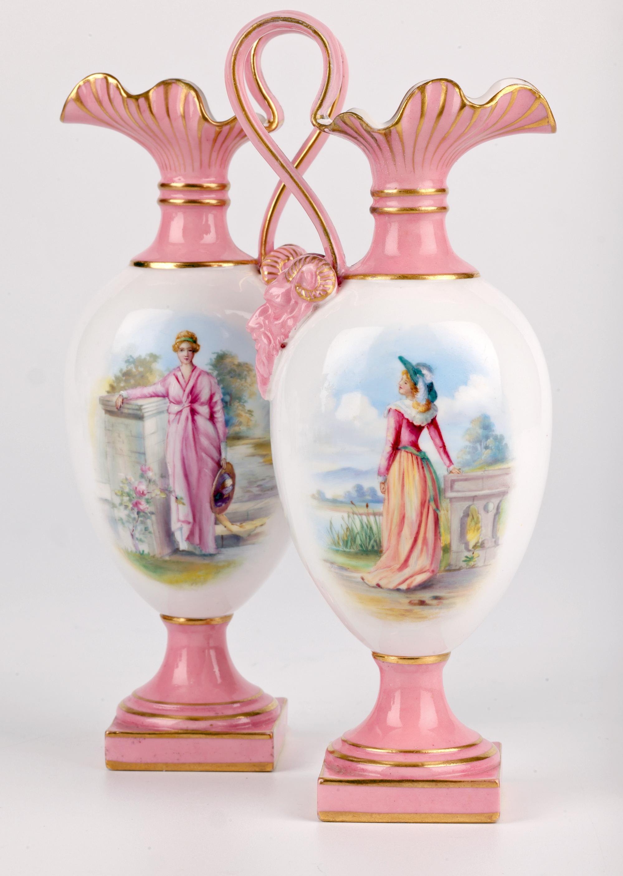 Royal Worcester Pair Porcelain Ewer Shape Vases with Painted Ladies For Sale 3