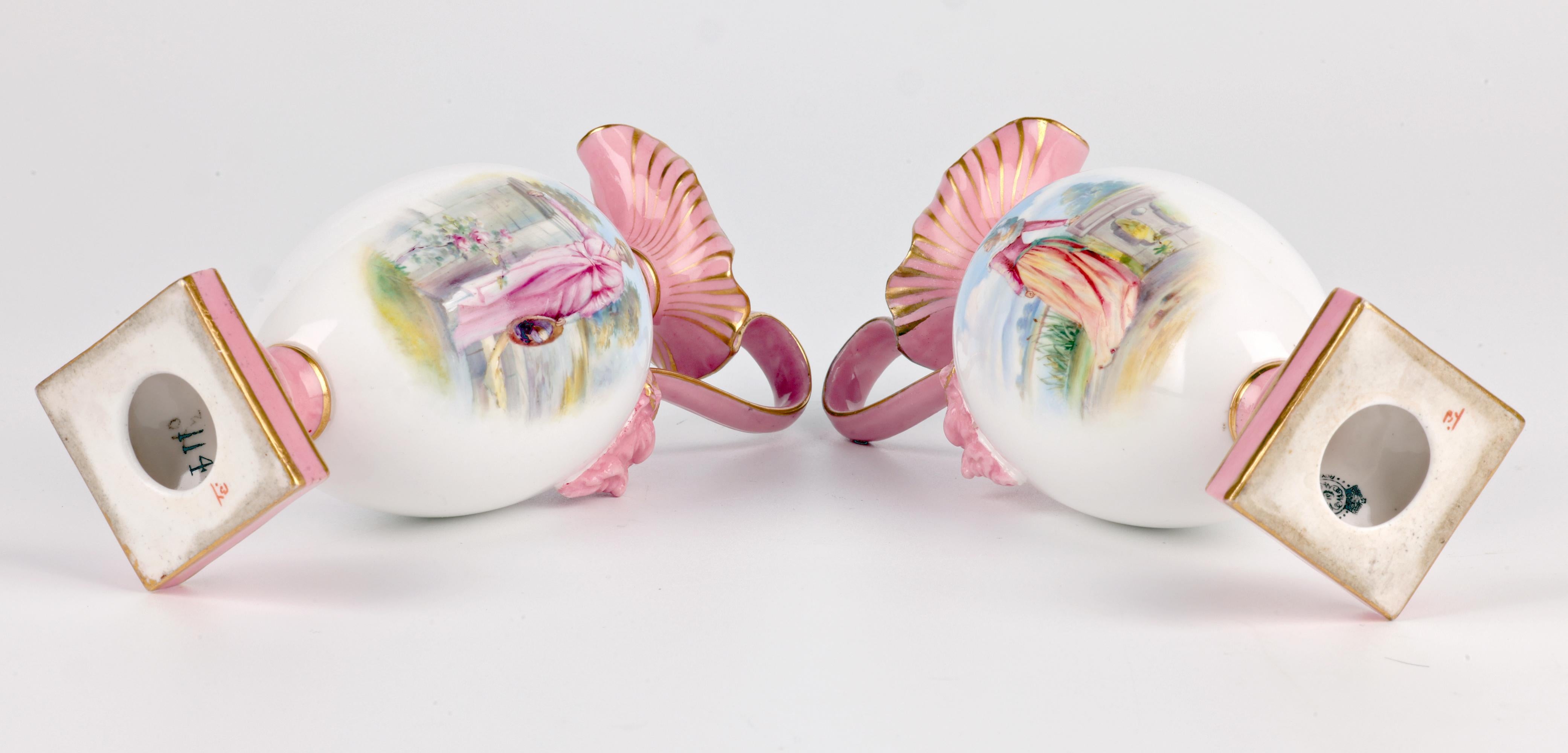 Royal Worcester Pair Porcelain Ewer Shape Vases with Painted Ladies For Sale 4