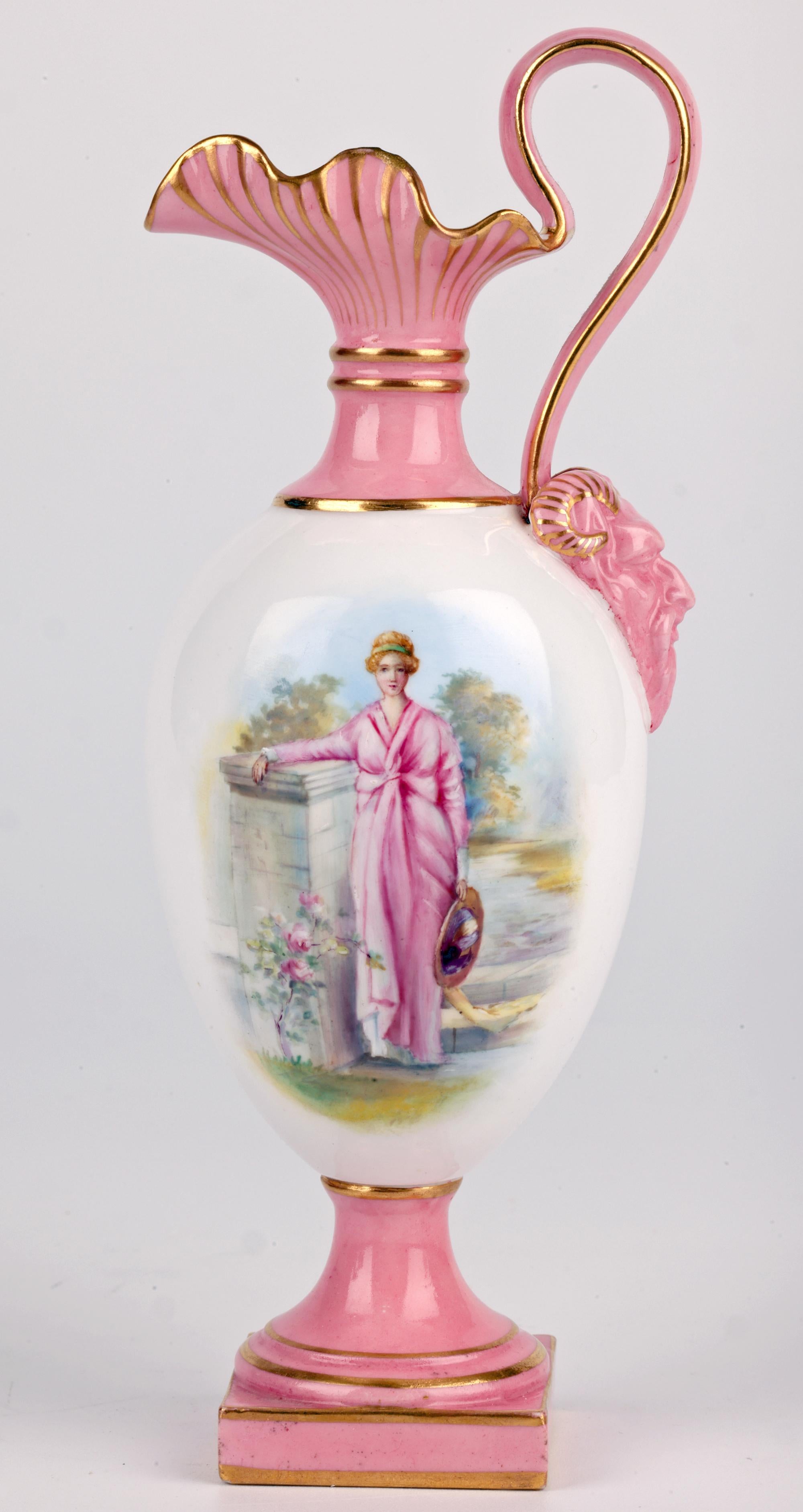 Royal Worcester Pair Porcelain Ewer Shape Vases with Painted Ladies For Sale 6