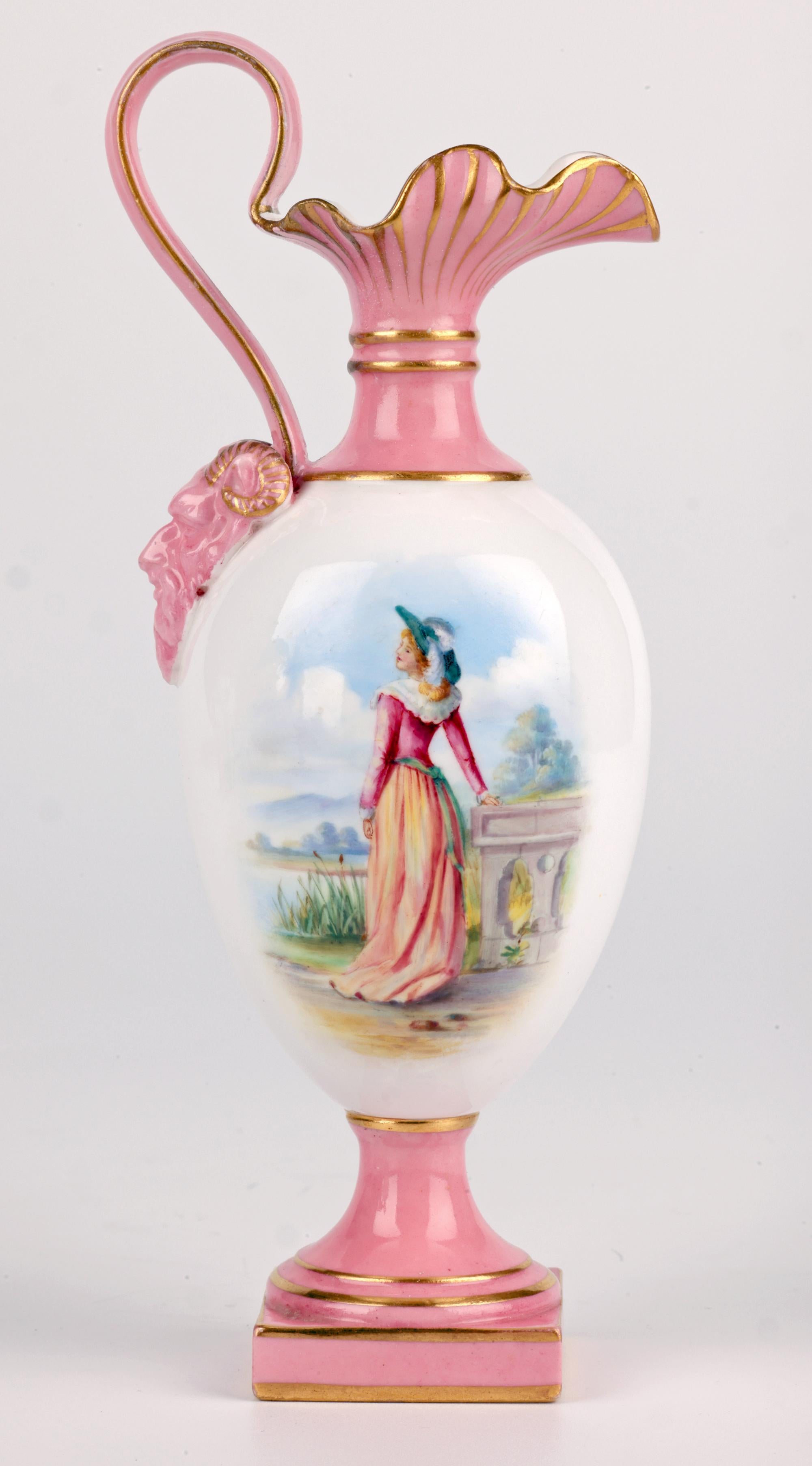Royal Worcester Pair Porcelain Ewer Shape Vases with Painted Ladies For Sale 11