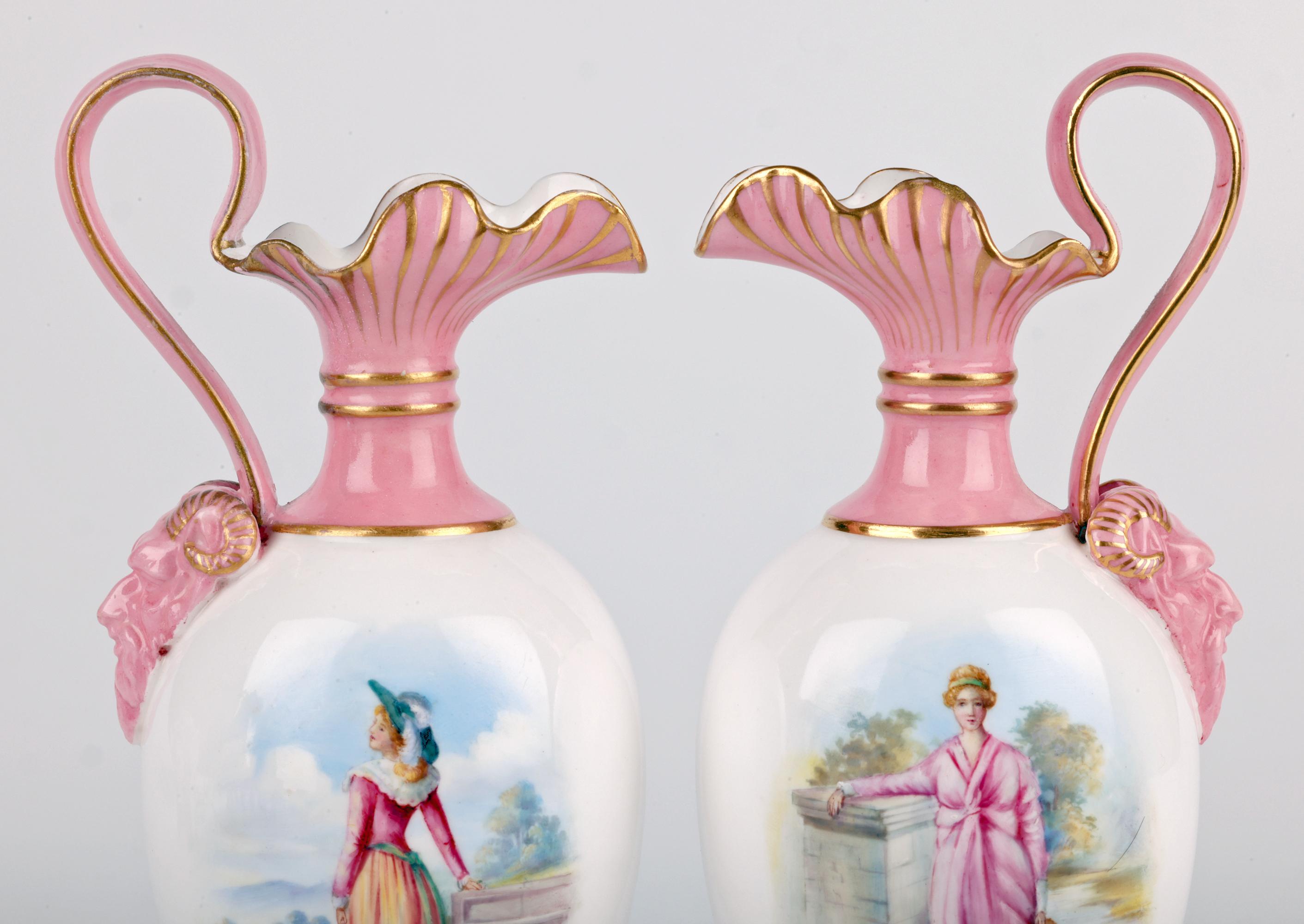 landscape scenes with ladies and dated 1897. These very finely and lightly made vases stand raised on a square pedestal base with egg shaped bodies with narrow necks and large pouring shaped top rims. Raised loop handles with horned bearded mask