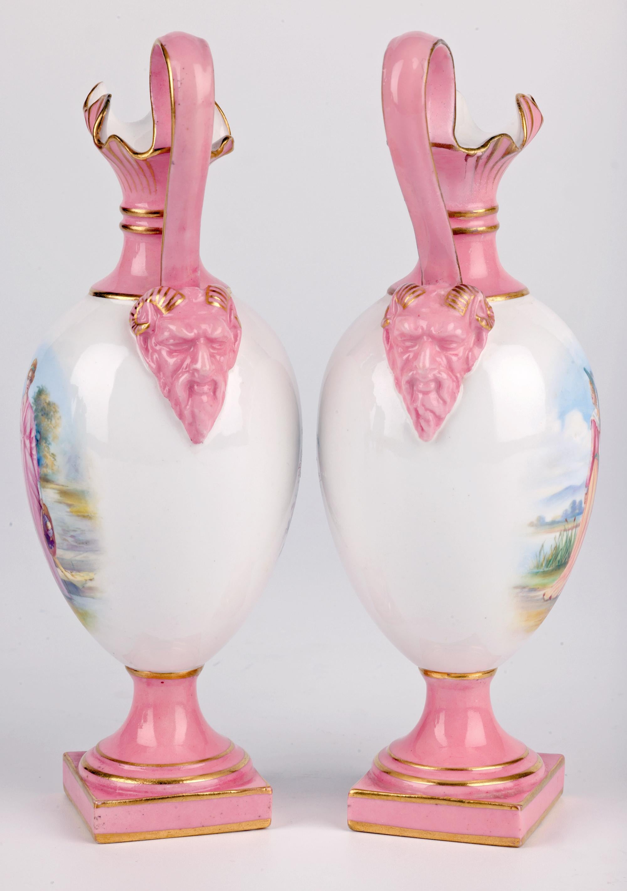 Royal Worcester Pair Porcelain Ewer Shape Vases with Painted Ladies For Sale 13