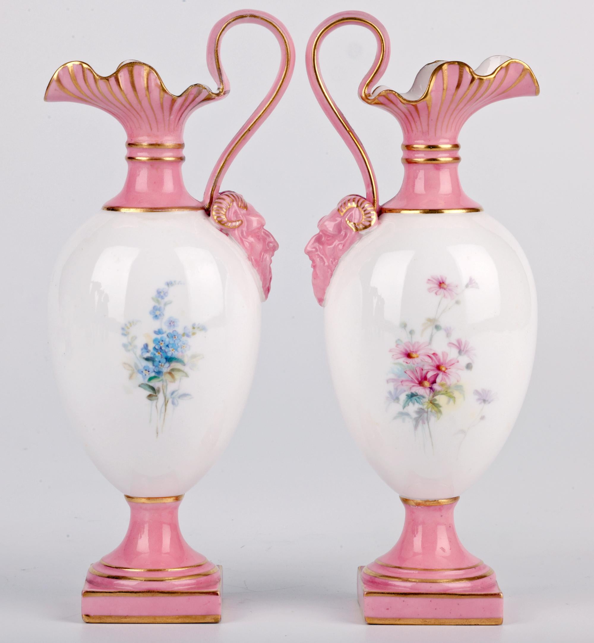 Late 19th Century Royal Worcester Pair Porcelain Ewer Shape Vases with Painted Ladies For Sale