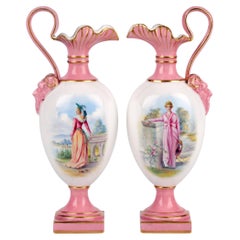 Royal Worcester Pair Porcelain Ewer Shape Vases with Painted Ladies