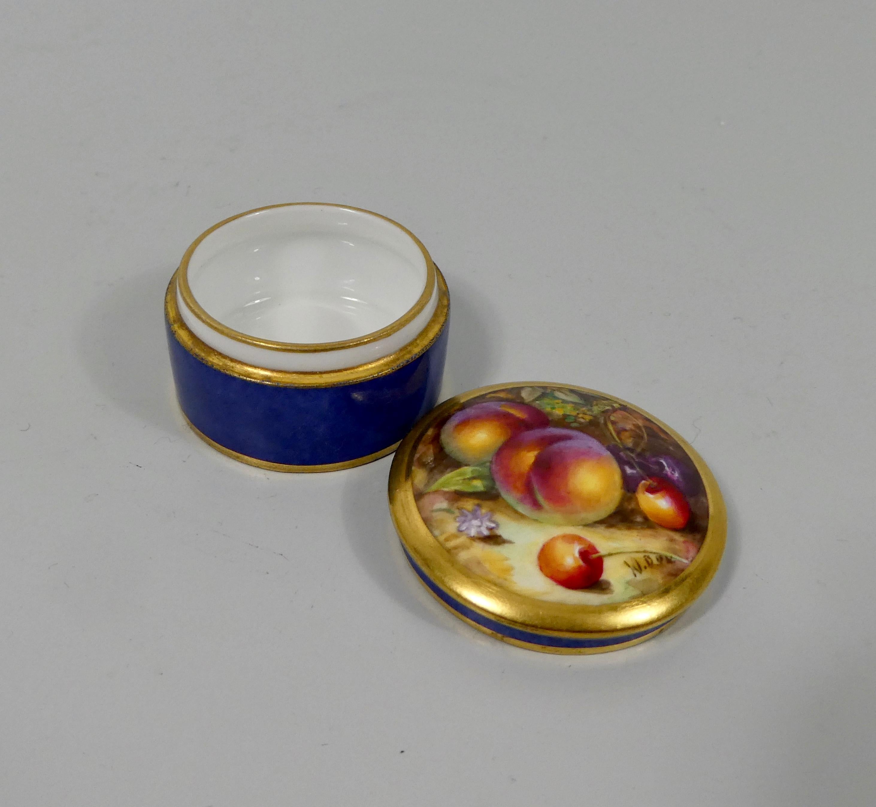 Fired Royal Worcester Pill Box, Fruit Painted, by William Bee, Dated 1924