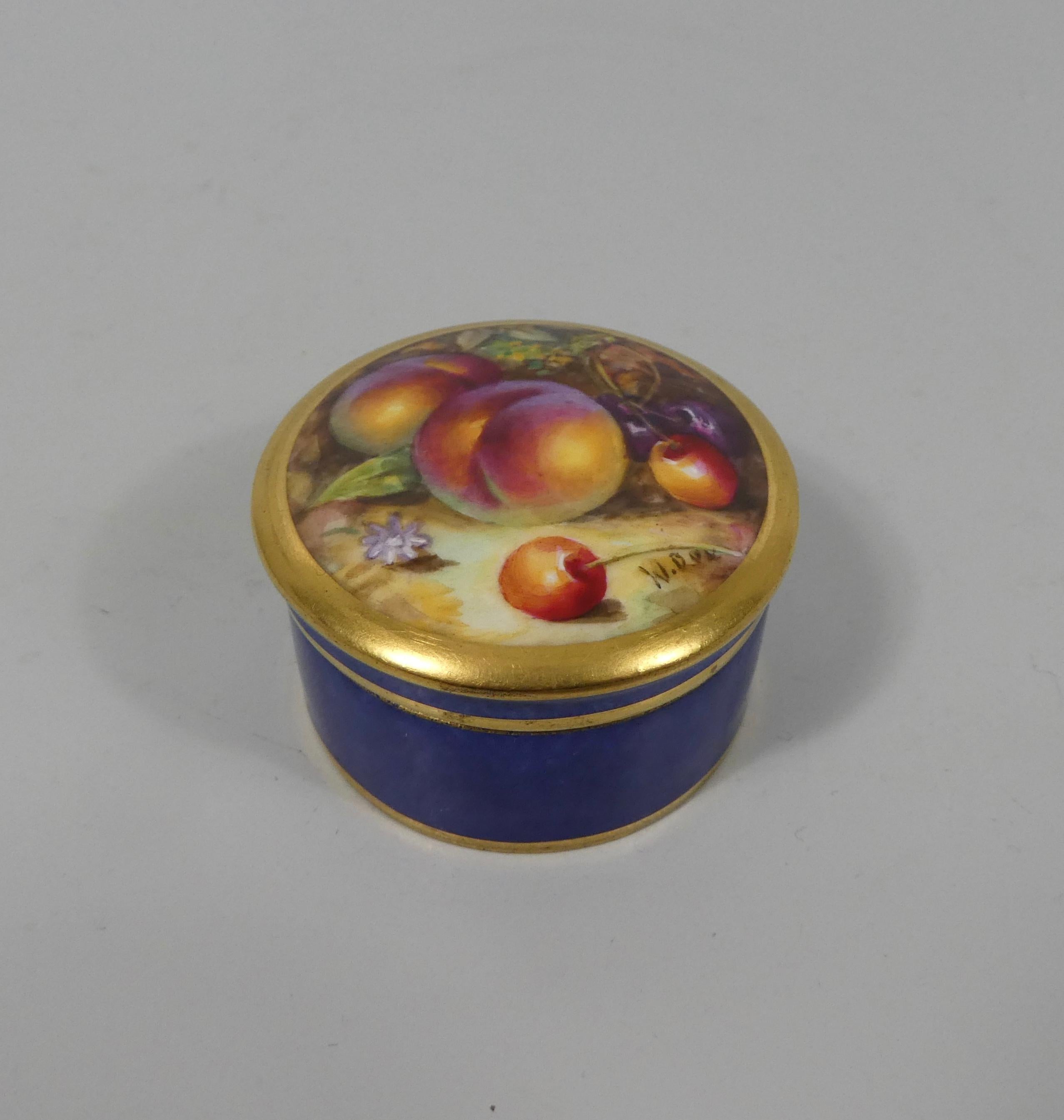 Porcelain Royal Worcester Pill Box, Fruit Painted, by William Bee, Dated 1924