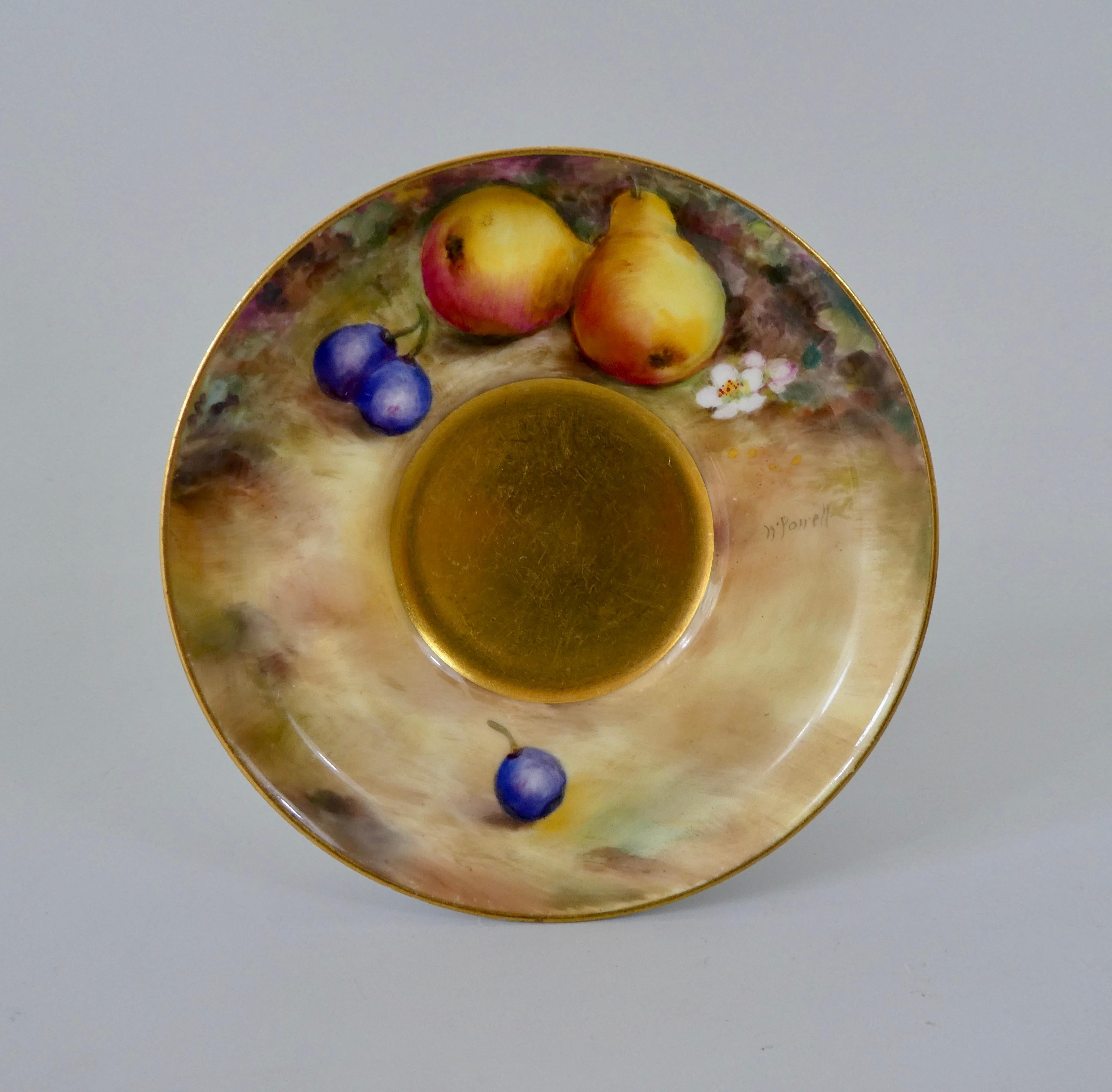 Royal Worcester porcelain Fruit coffee can and saucer, dated 1925, the can painted by Everet, the saucer by Powell. Both pieces finely painted with continuous studies of fruit on mossy banks. The interior of the can, and the handle completely