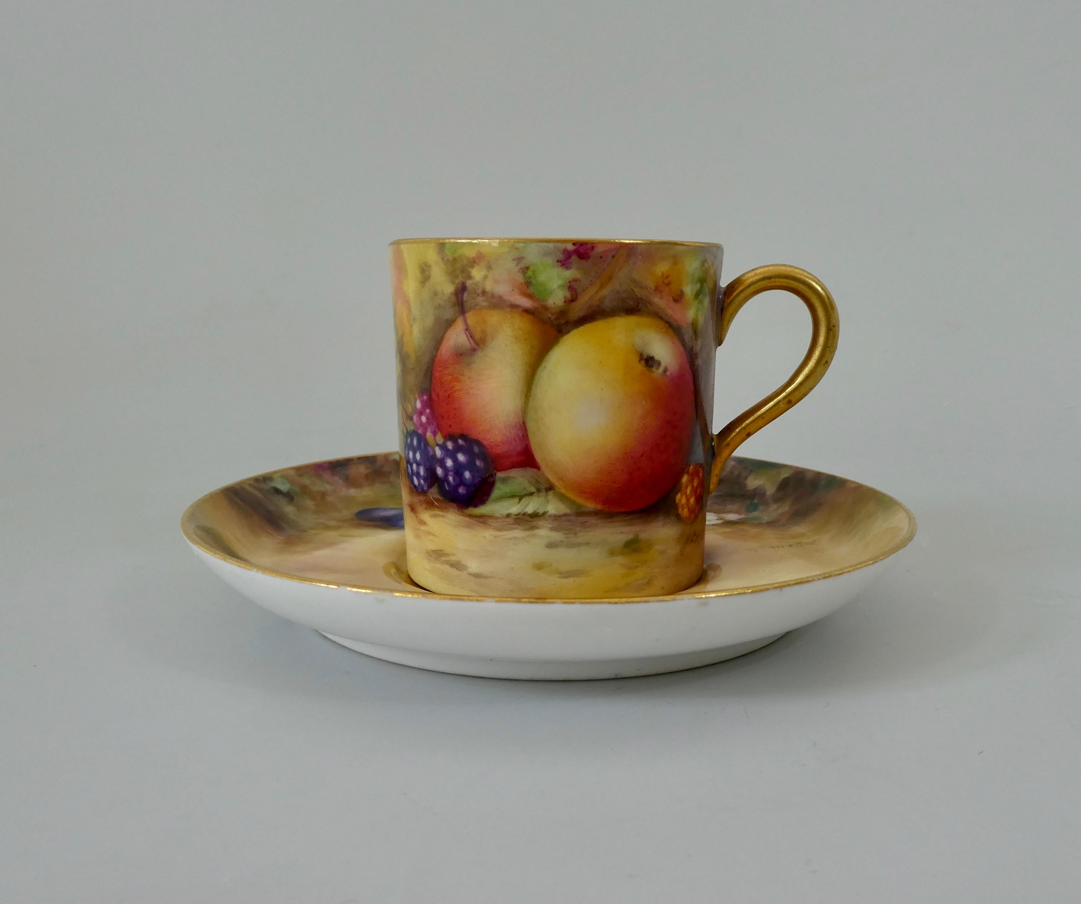 Victorian Royal Worcester Porcelain Can and Saucer, Fruit Painted, Dated 1925