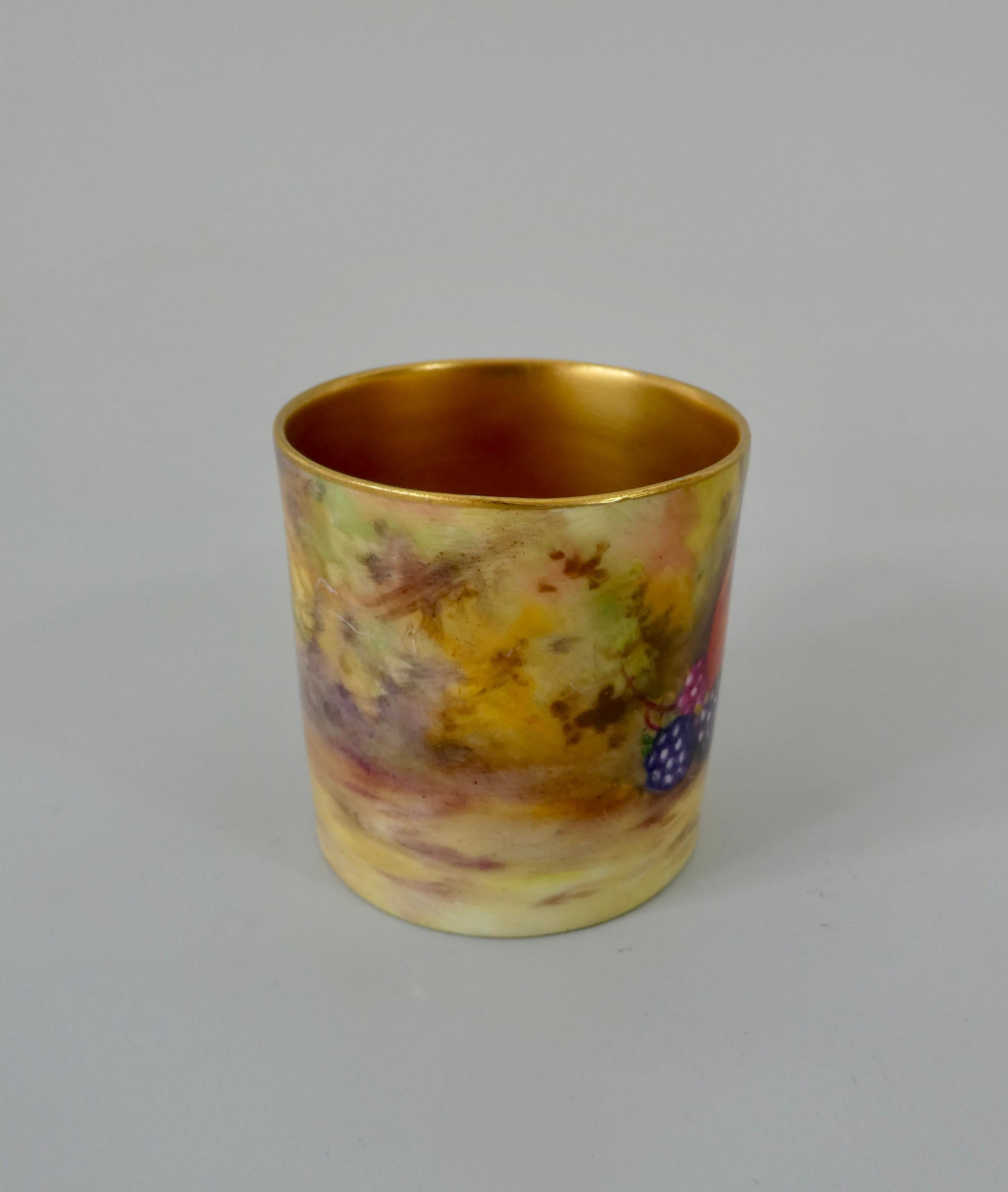 English Royal Worcester Porcelain Can and Saucer, Fruit Painted, Dated 1925