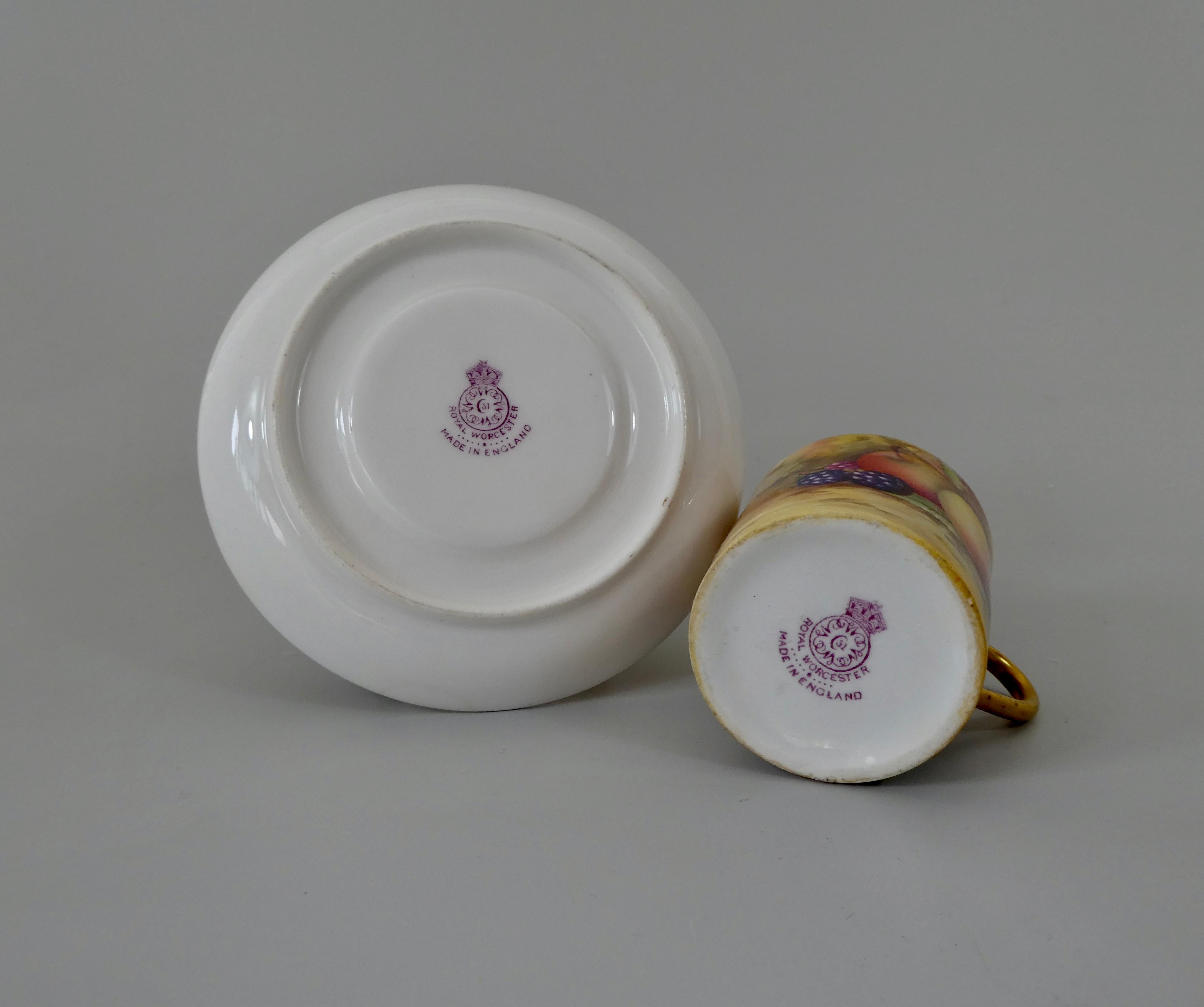 Early 20th Century Royal Worcester Porcelain Can and Saucer, Fruit Painted, Dated 1925