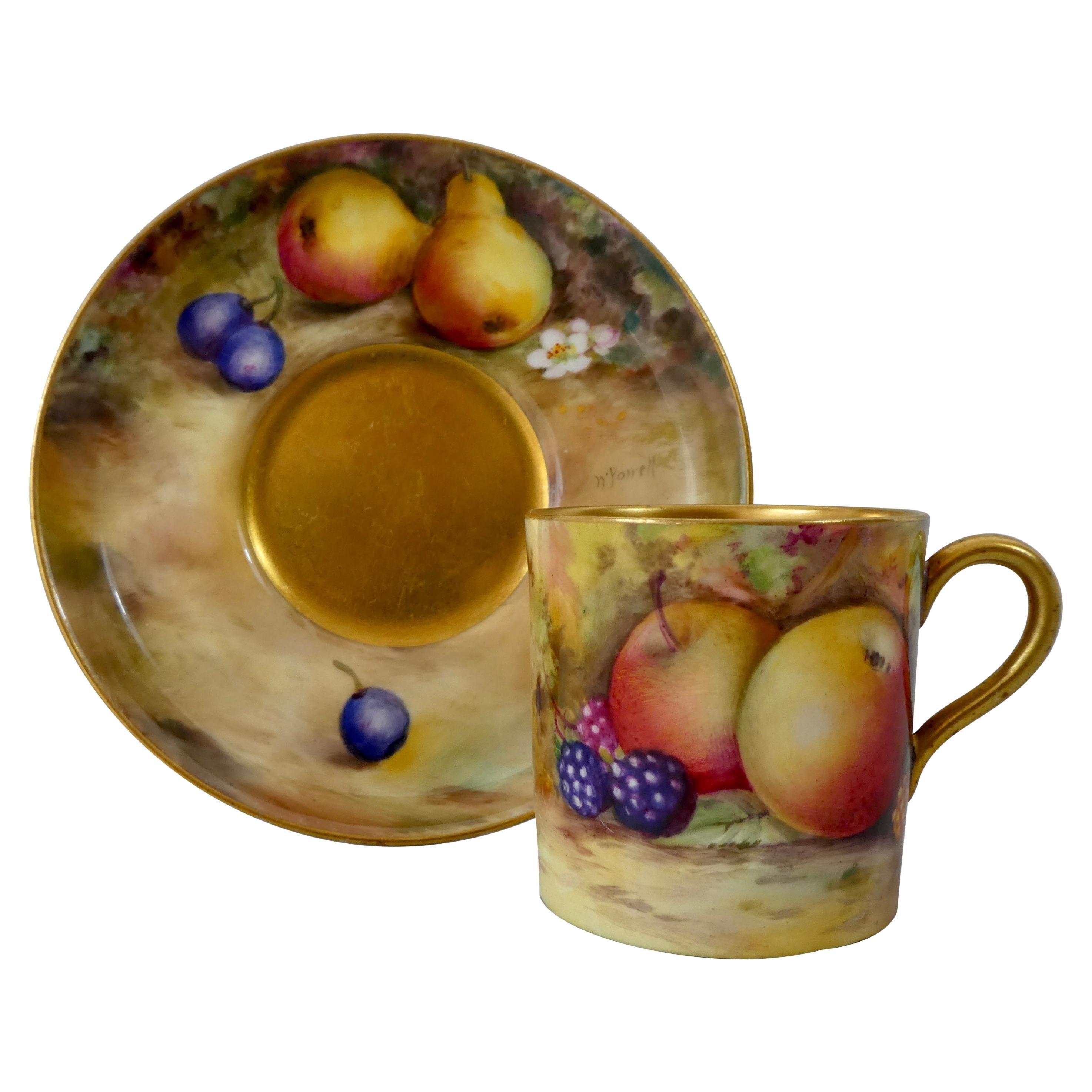 Royal Worcester Porcelain Can and Saucer, Fruit Painted, Dated 1925