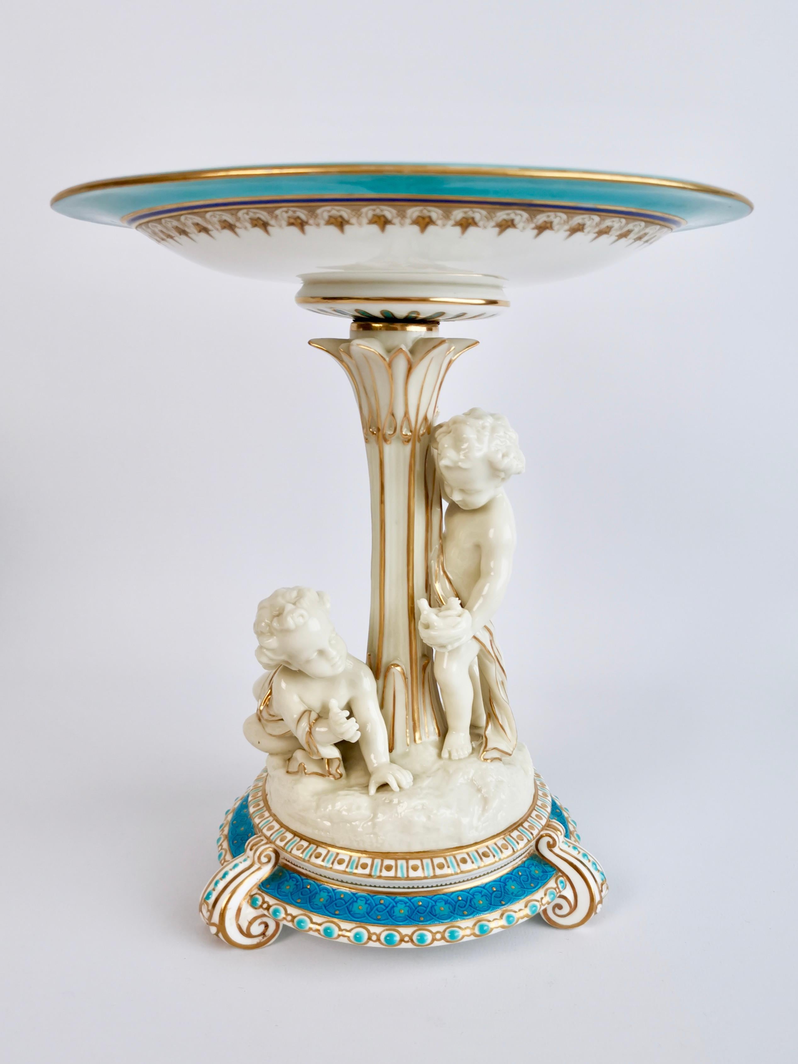 Edwardian Royal Worcester Porcelain Dessert Service, Turquoise with Parian Cherubs, 1910