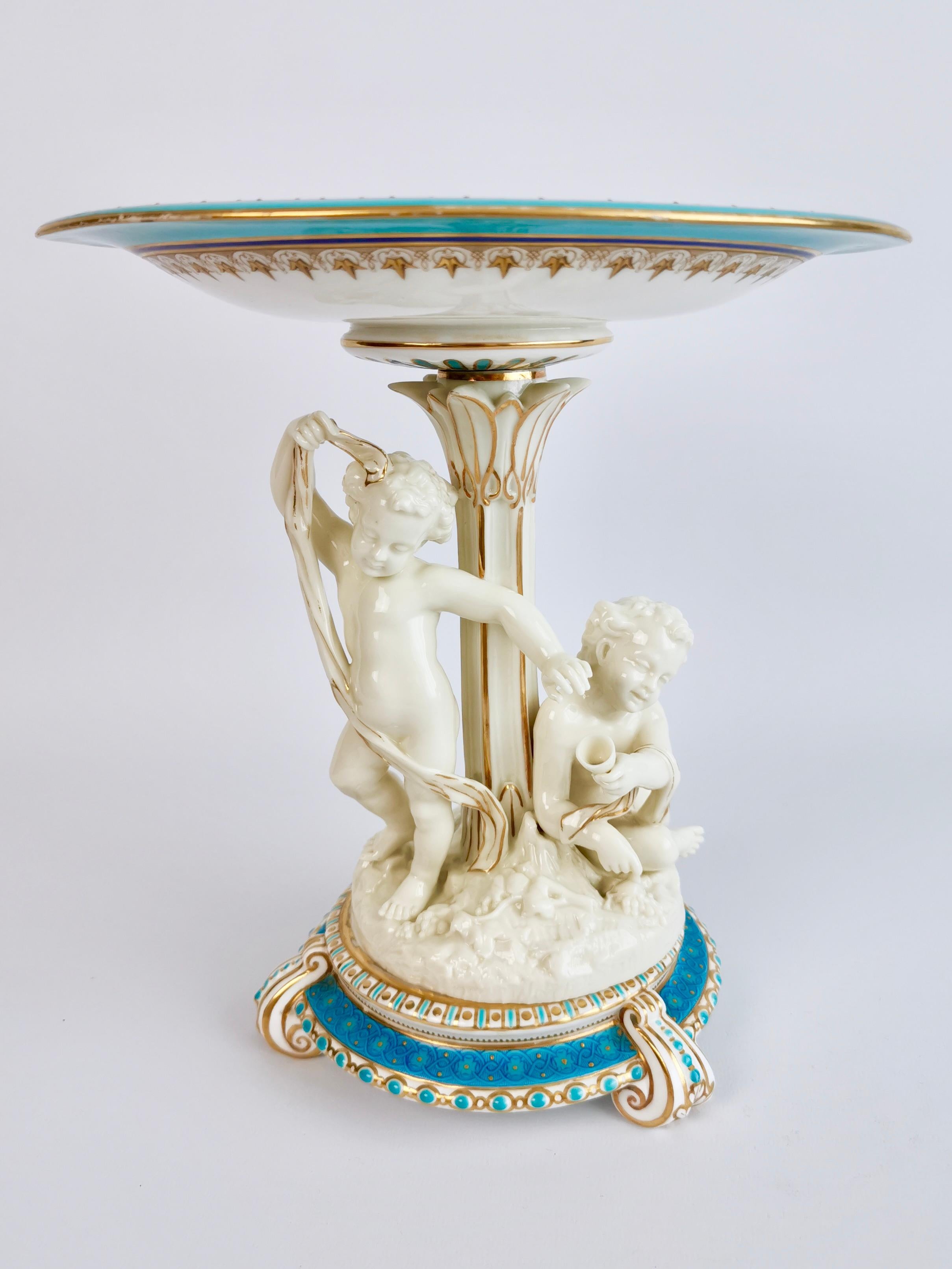 English Royal Worcester Porcelain Dessert Service, Turquoise with Parian Cherubs, 1910