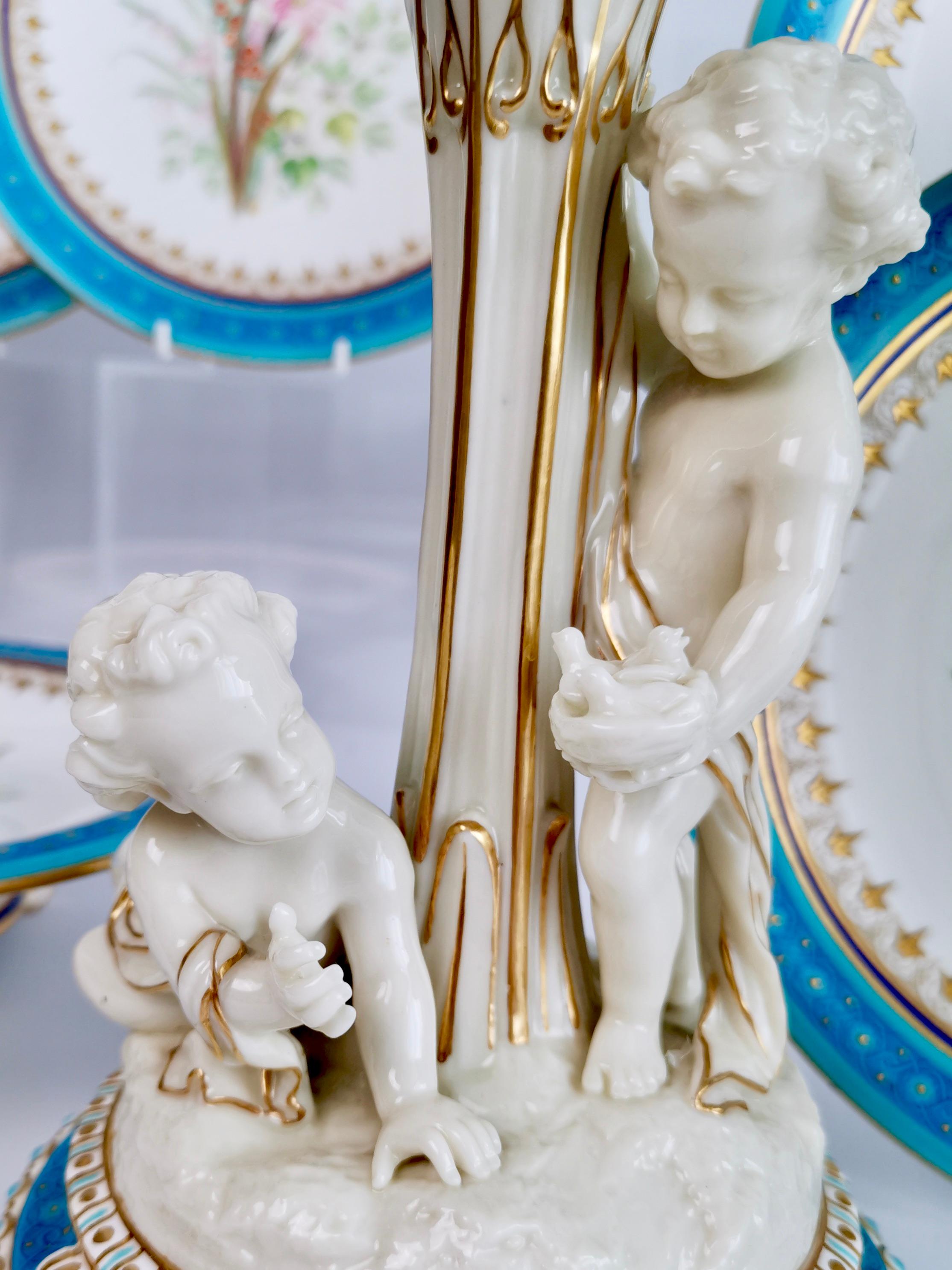 Hand-Painted Royal Worcester Porcelain Dessert Service, Turquoise with Parian Cherubs, 1910