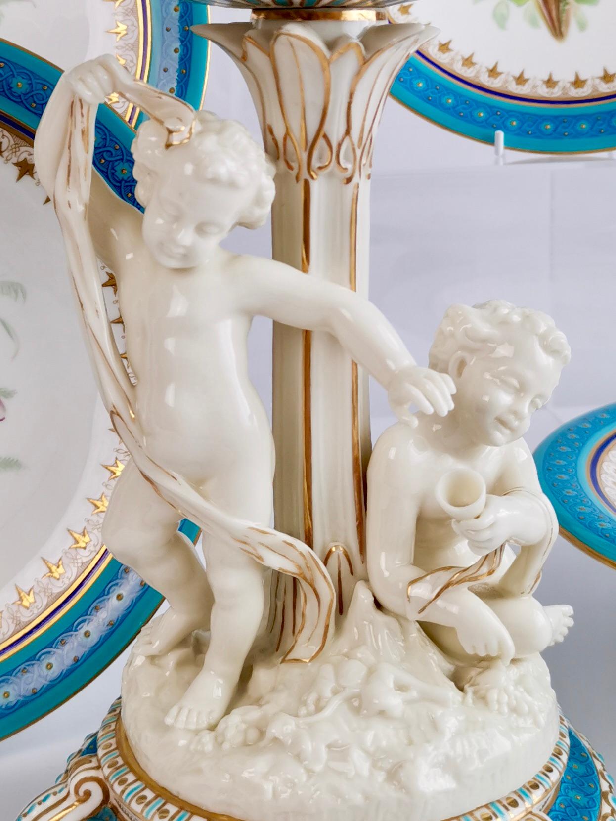 Royal Worcester Porcelain Dessert Service, Turquoise with Parian Cherubs, 1910 In Good Condition In London, GB