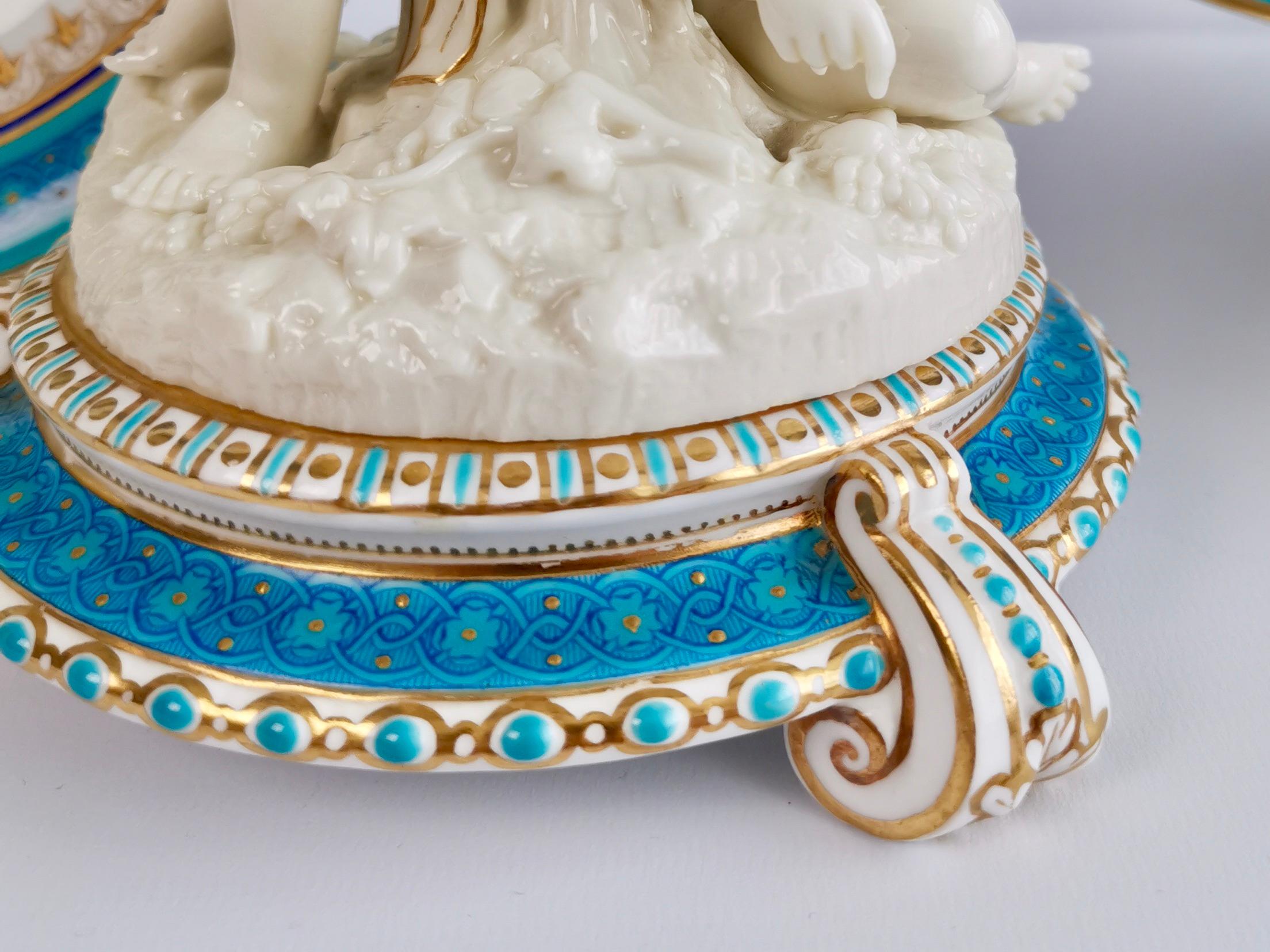 Early 20th Century Royal Worcester Porcelain Dessert Service, Turquoise with Parian Cherubs, 1910