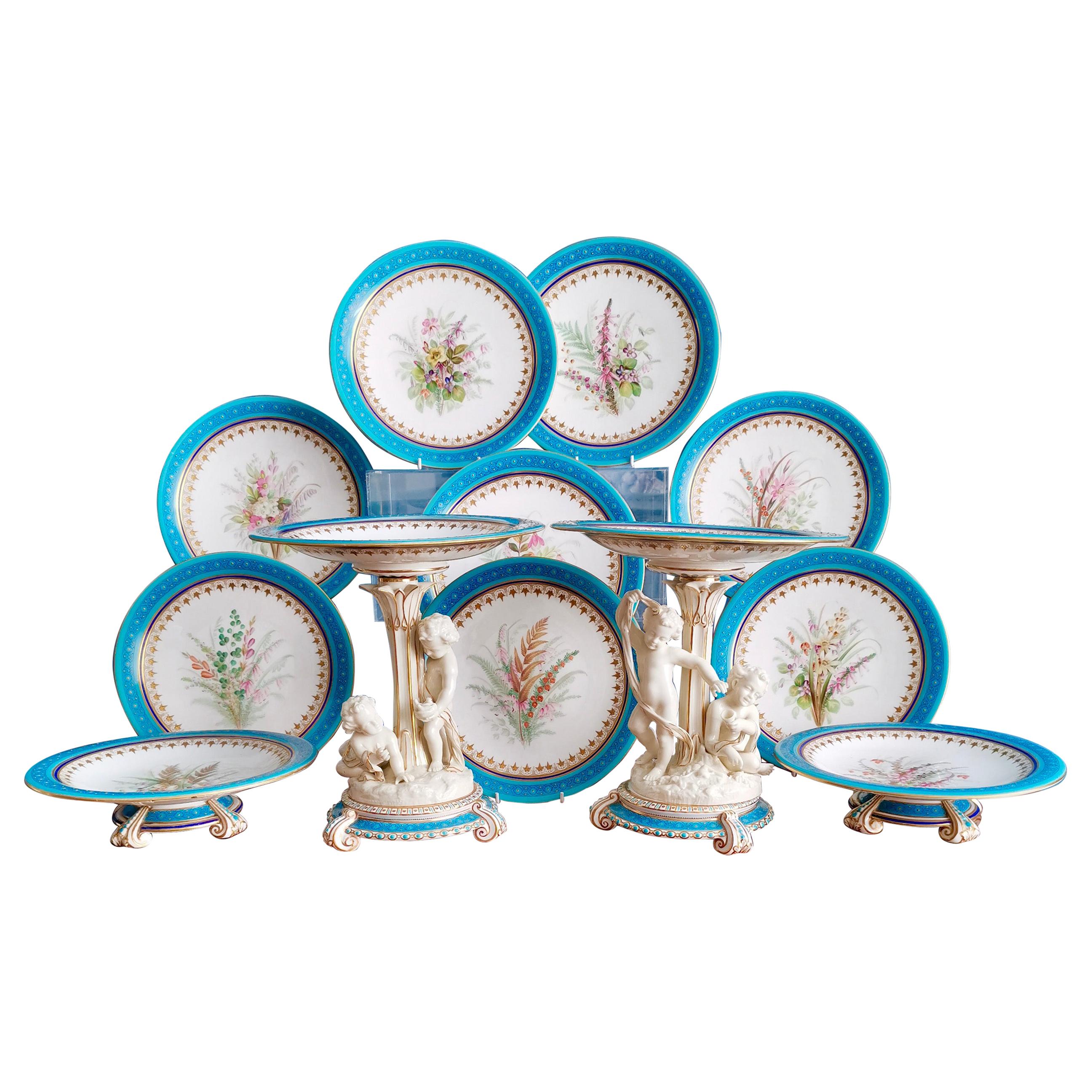 Royal Worcester Porcelain Dessert Service, Turquoise with Parian Cherubs, 1910