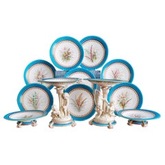 Antique Royal Worcester Porcelain Dessert Service, Turquoise with Parian Cherubs, 1910