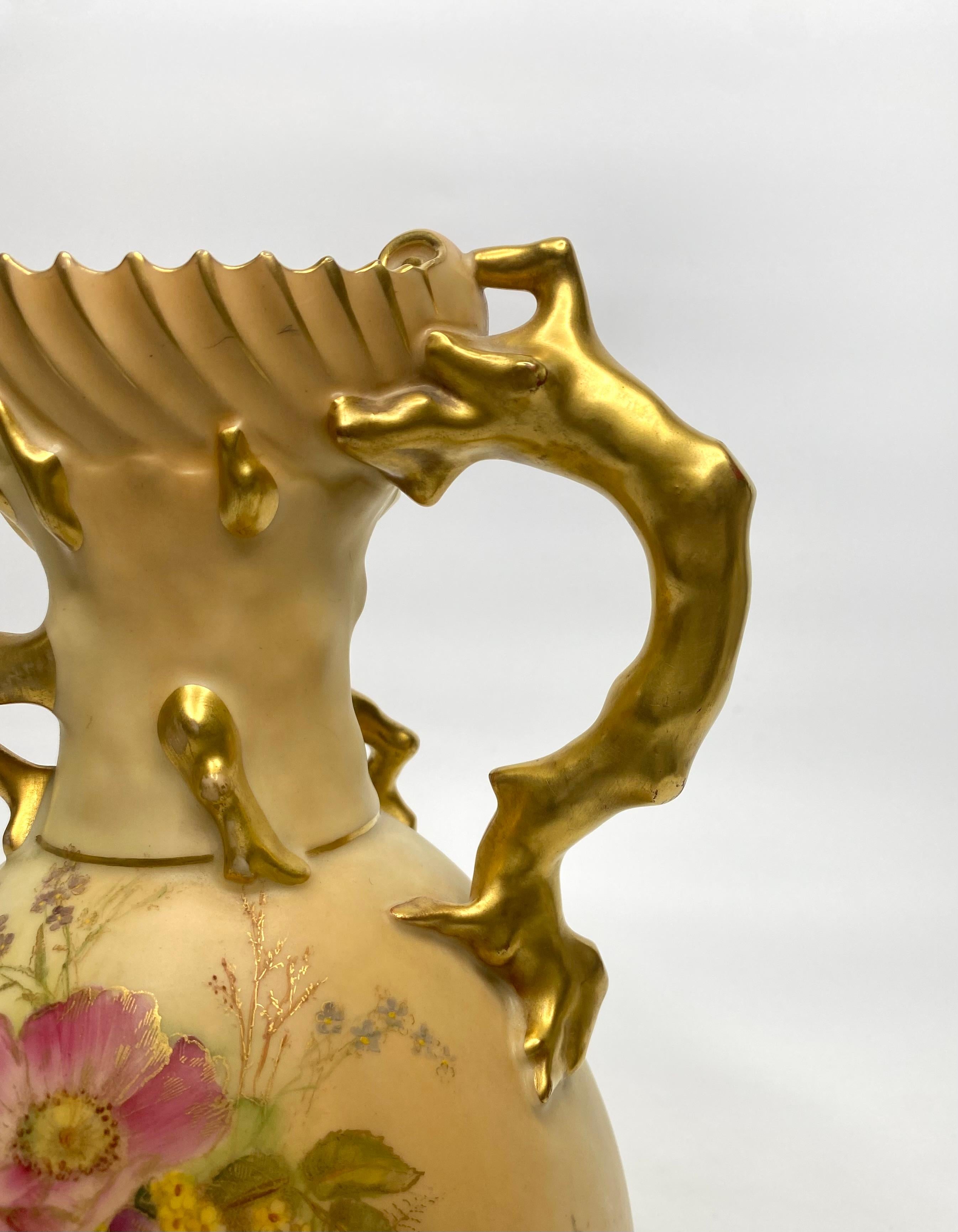 Victorian Royal Worcester porcelain ewer, ‘Blush Ivory’ glaze, dated 1908.