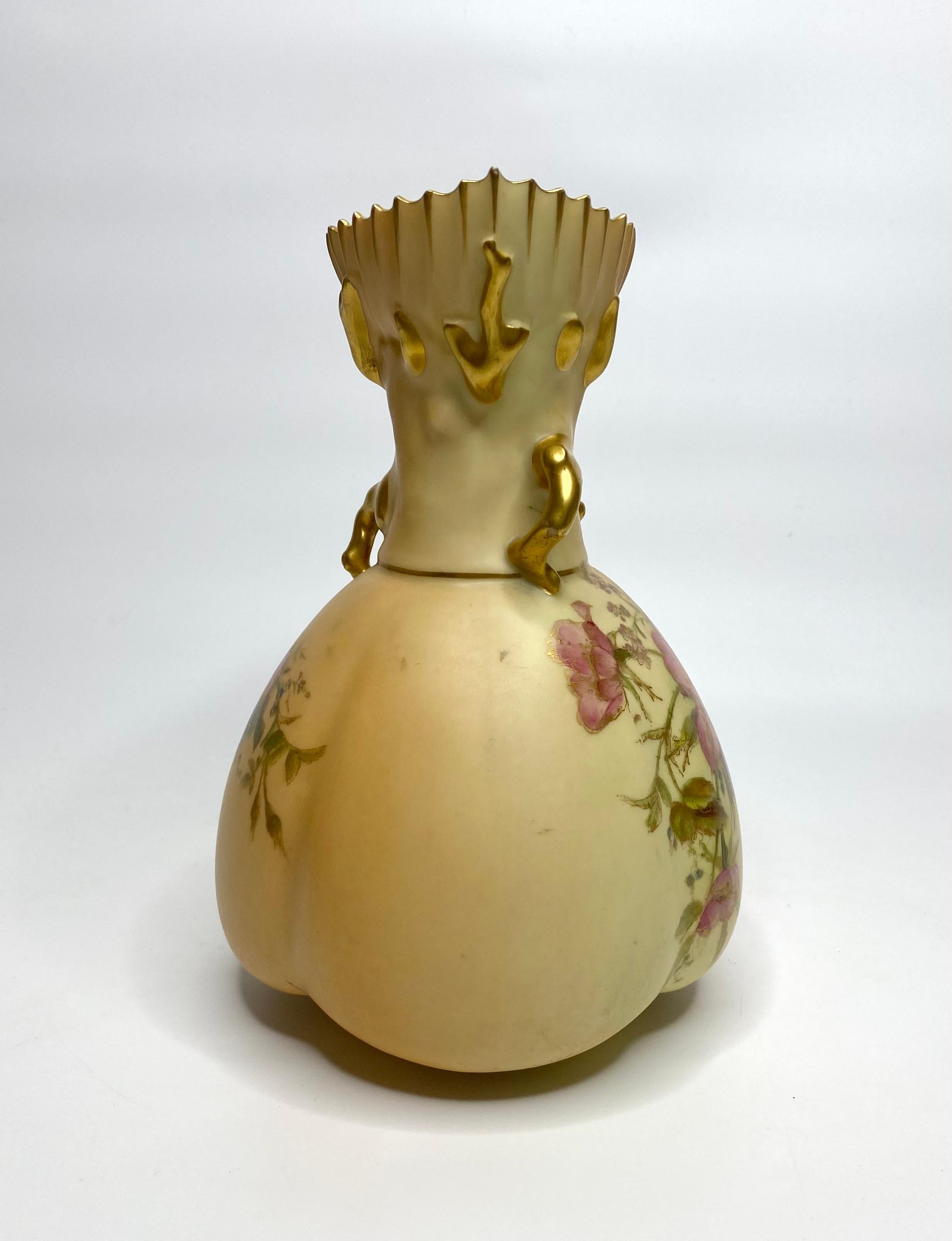 Fired Royal Worcester porcelain ewer, ‘Blush Ivory’ glaze, dated 1908.