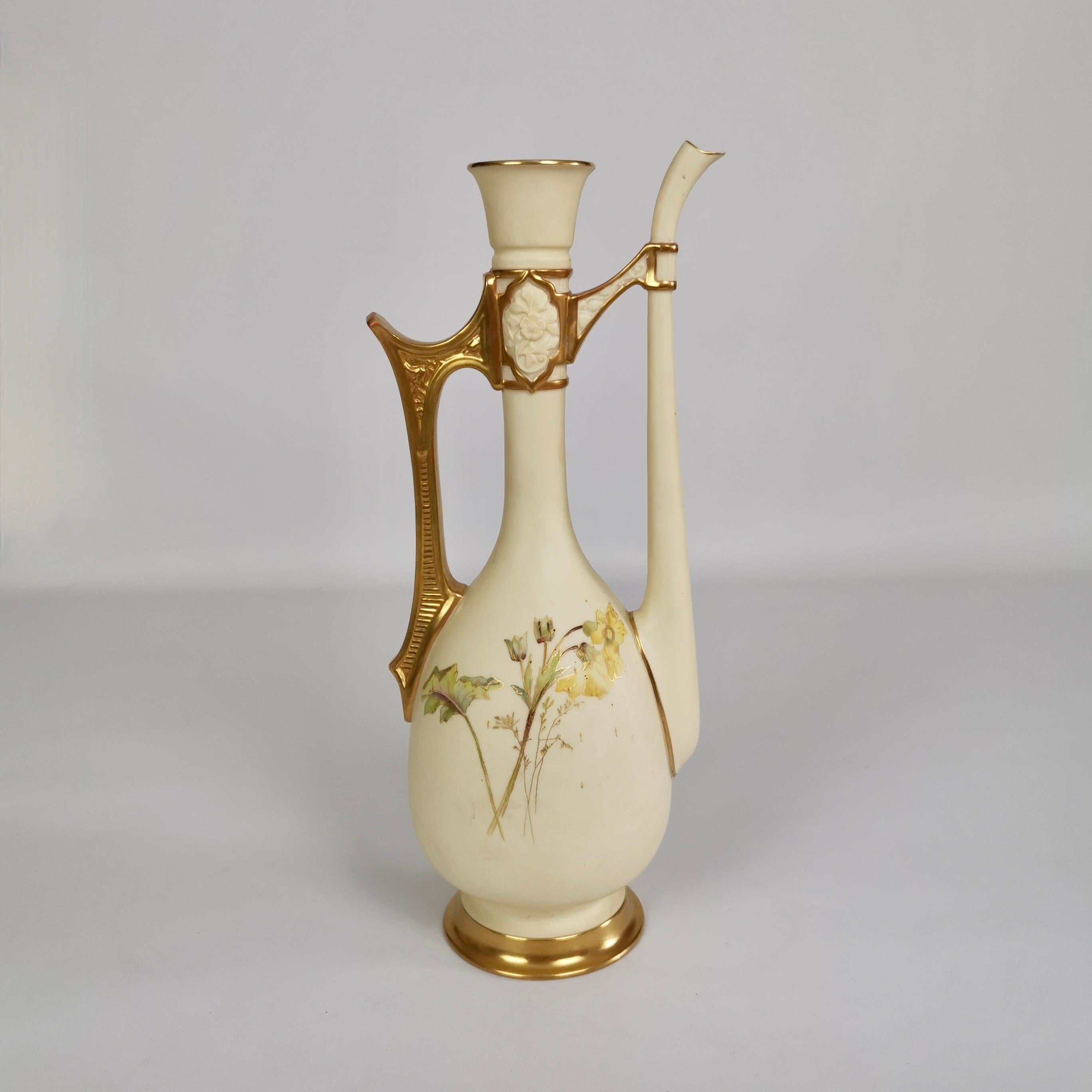 Victorian Royal Worcester Porcelain Ewer, Blush Ivory with Flowers, Persian Revival, 1891