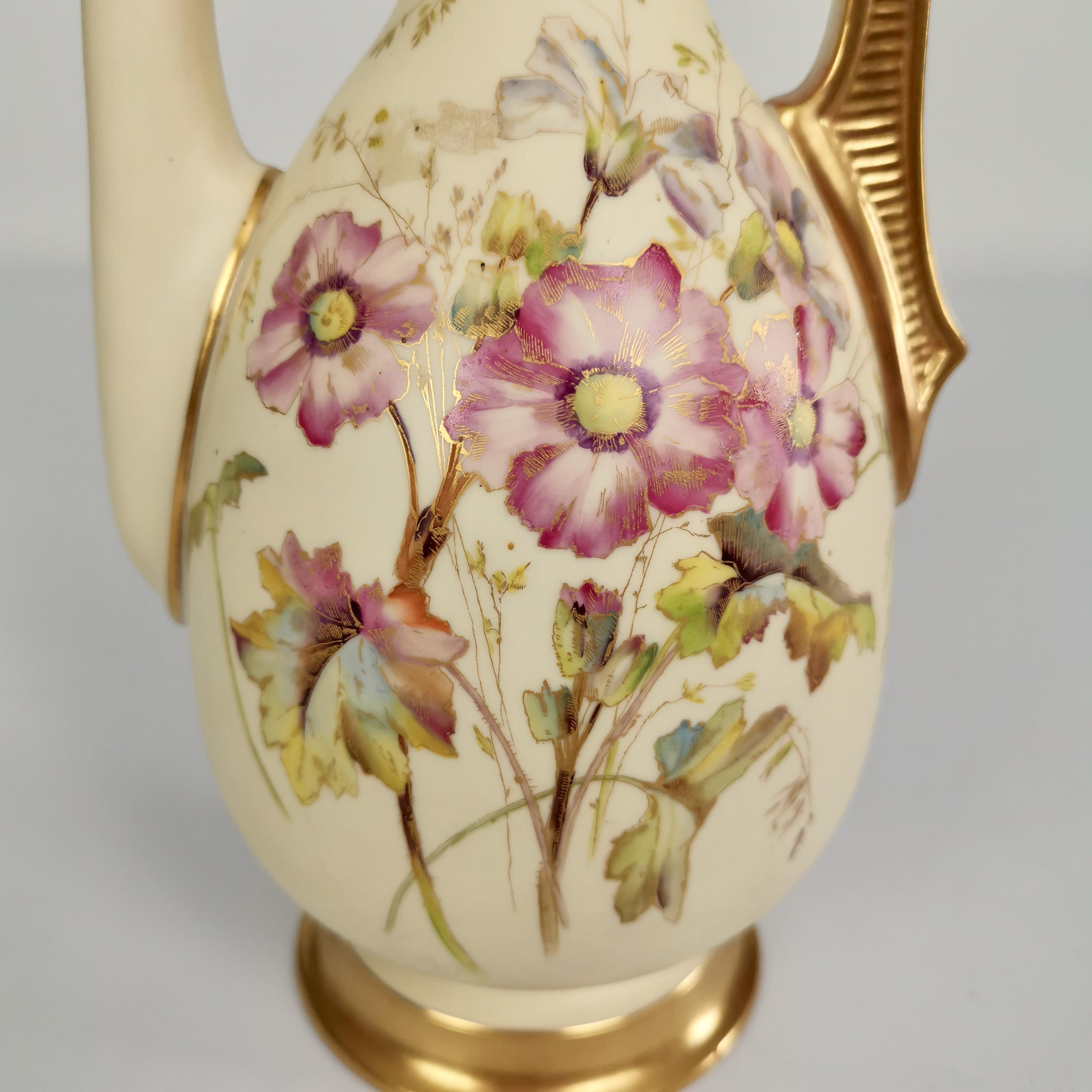 Hand-Painted Royal Worcester Porcelain Ewer, Blush Ivory with Flowers, Persian Revival, 1891