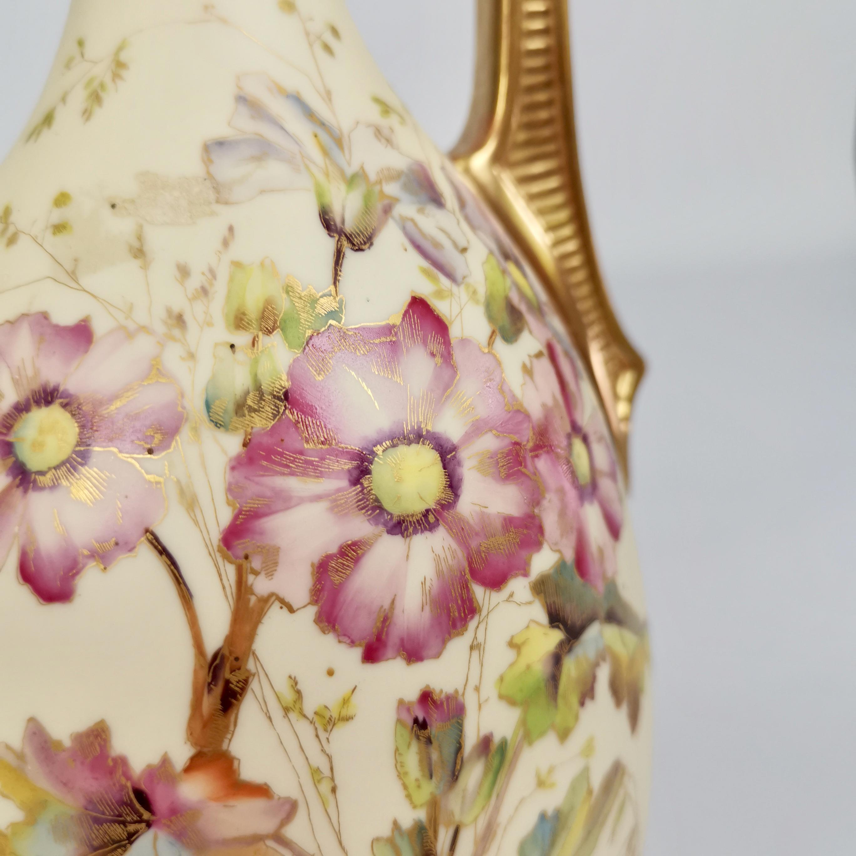Royal Worcester Porcelain Ewer, Blush Ivory with Flowers, Persian Revival, 1891 In Good Condition In London, GB