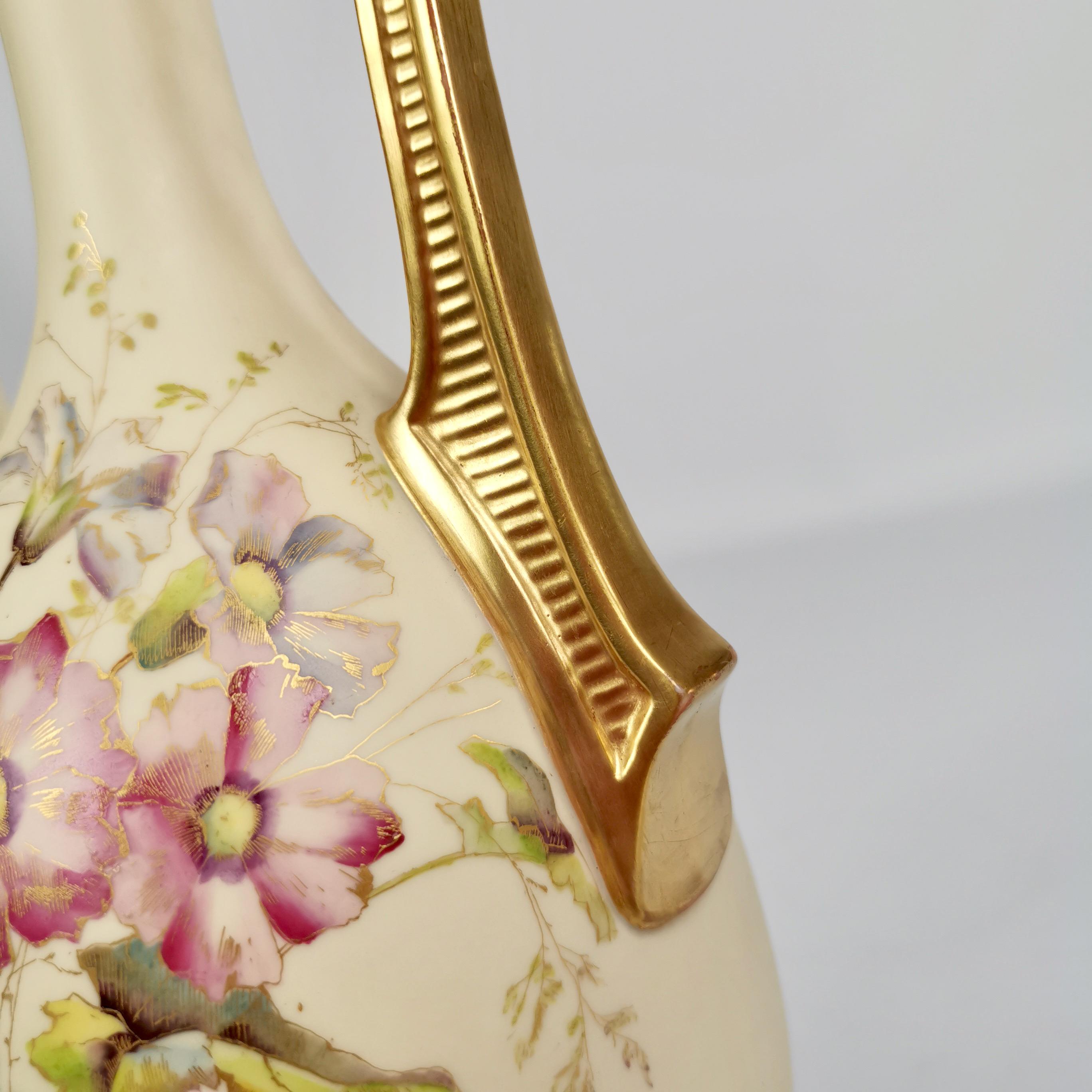 Royal Worcester Porcelain Ewer, Blush Ivory with Flowers, Persian Revival, 1891 1