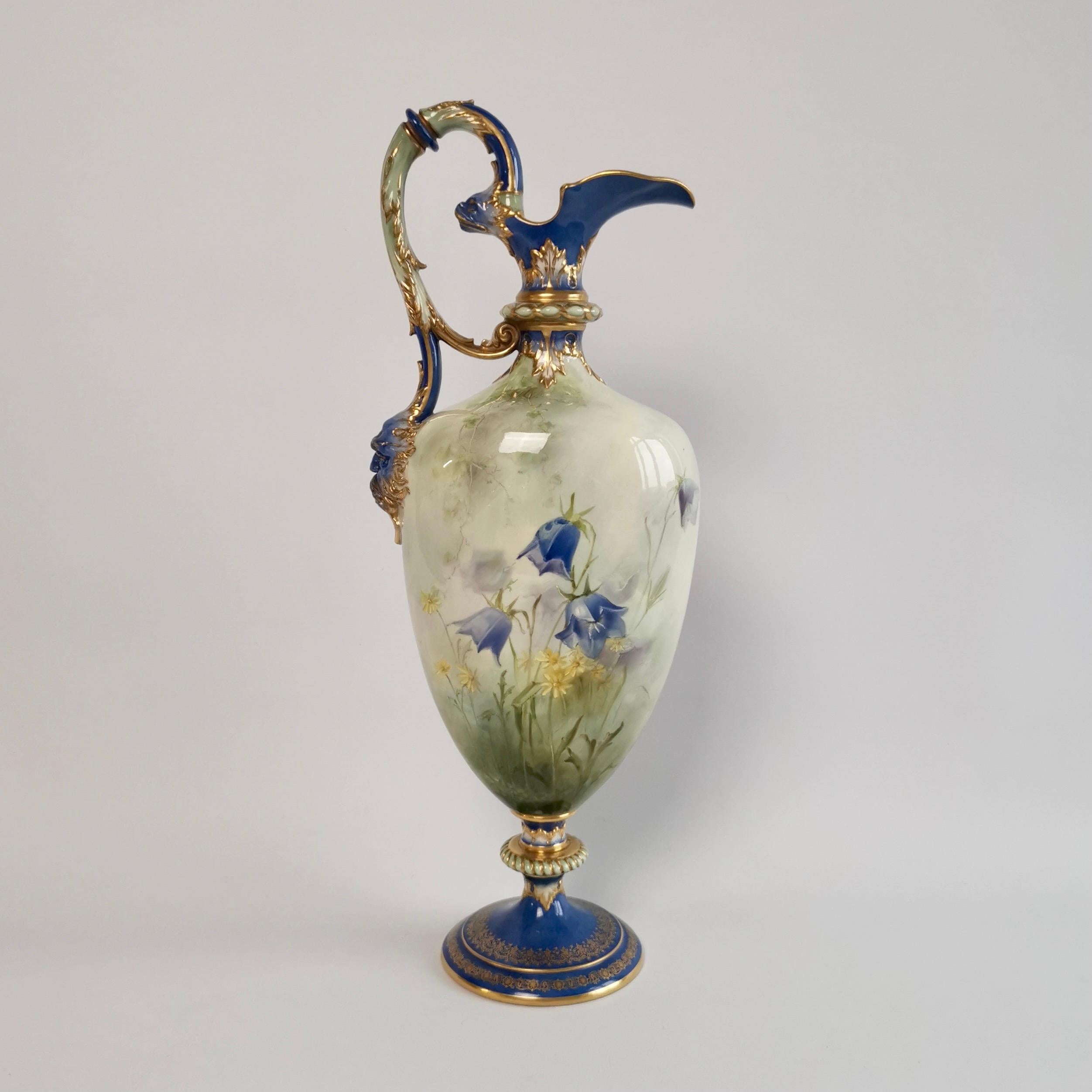 Victorian Royal Worcester Porcelain Ewer, Hand Painted Flowers by F. Roberts, 1901