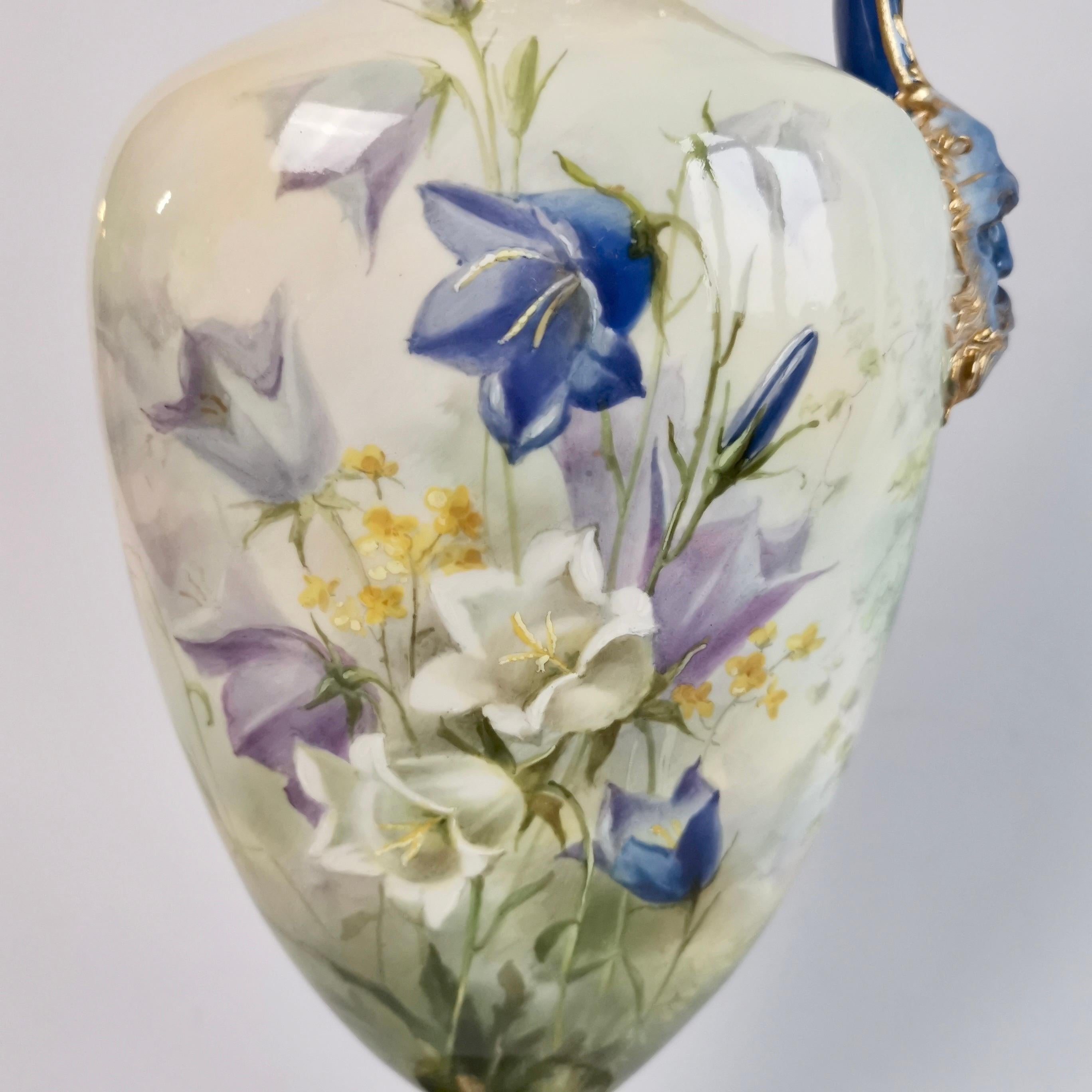 Hand-Painted Royal Worcester Porcelain Ewer, Hand Painted Flowers by F. Roberts, 1901