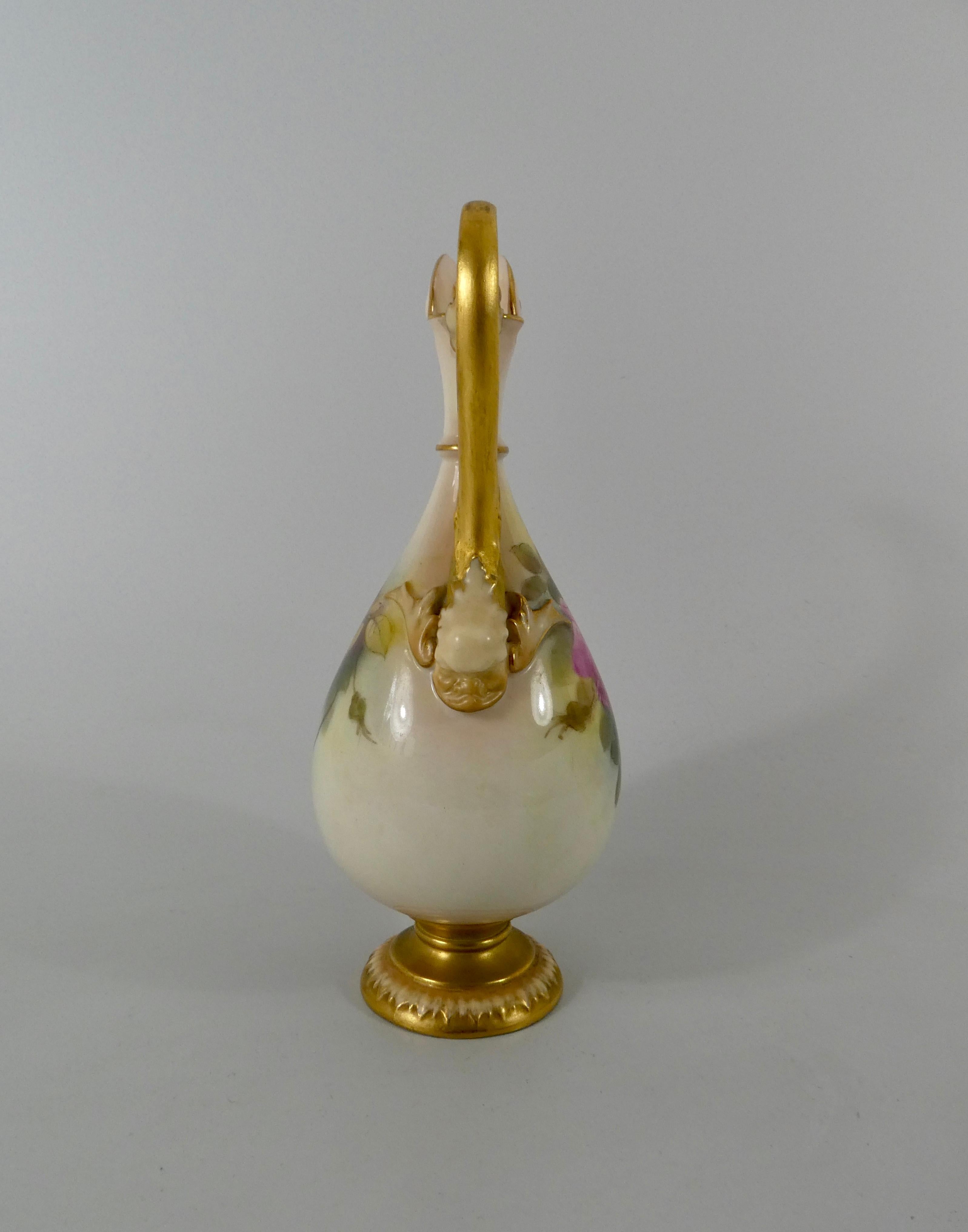 Victorian Royal Worcester Porcelain Ewer, ‘Roses’, Dated 1919