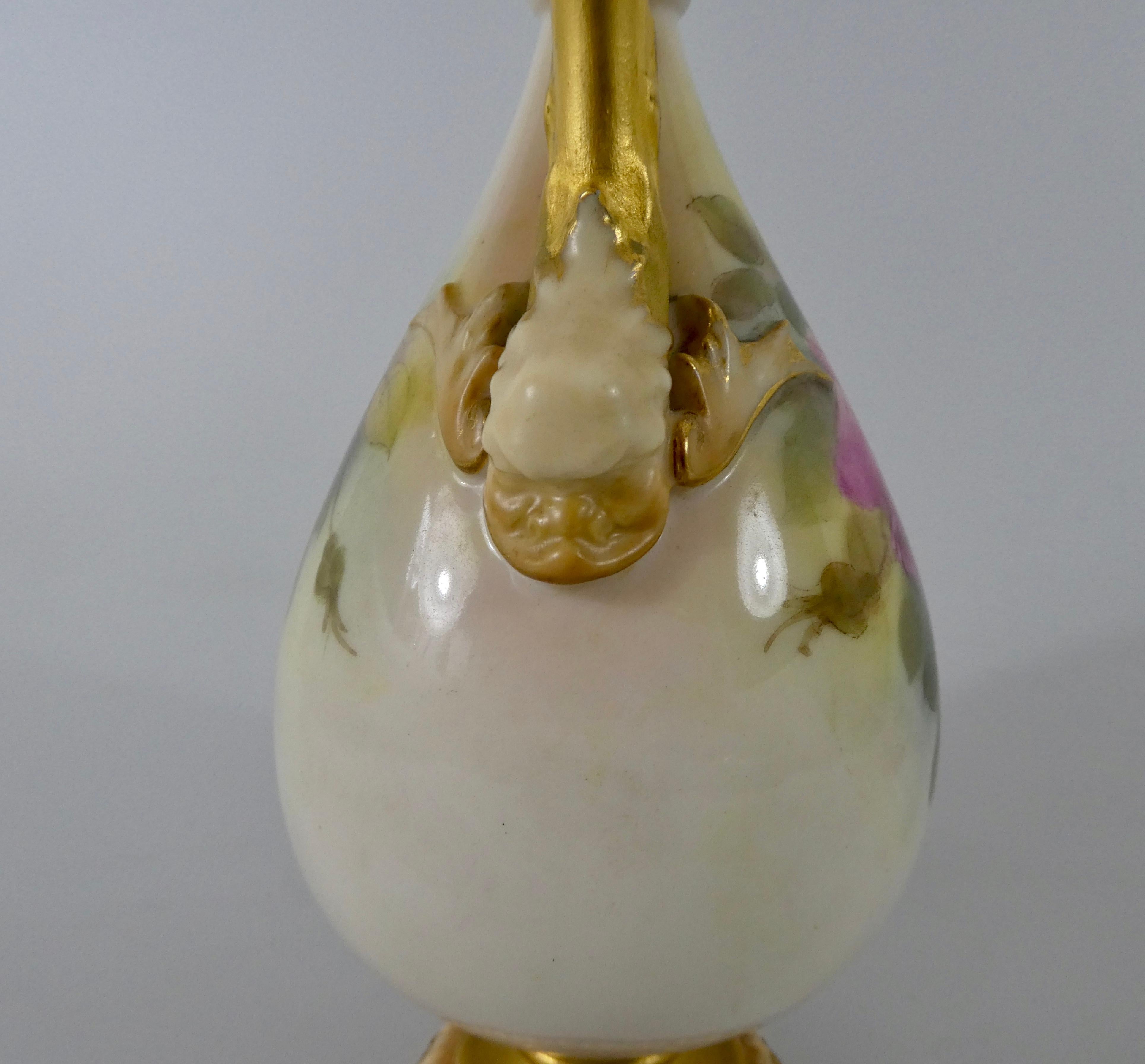 English Royal Worcester Porcelain Ewer, ‘Roses’, Dated 1919