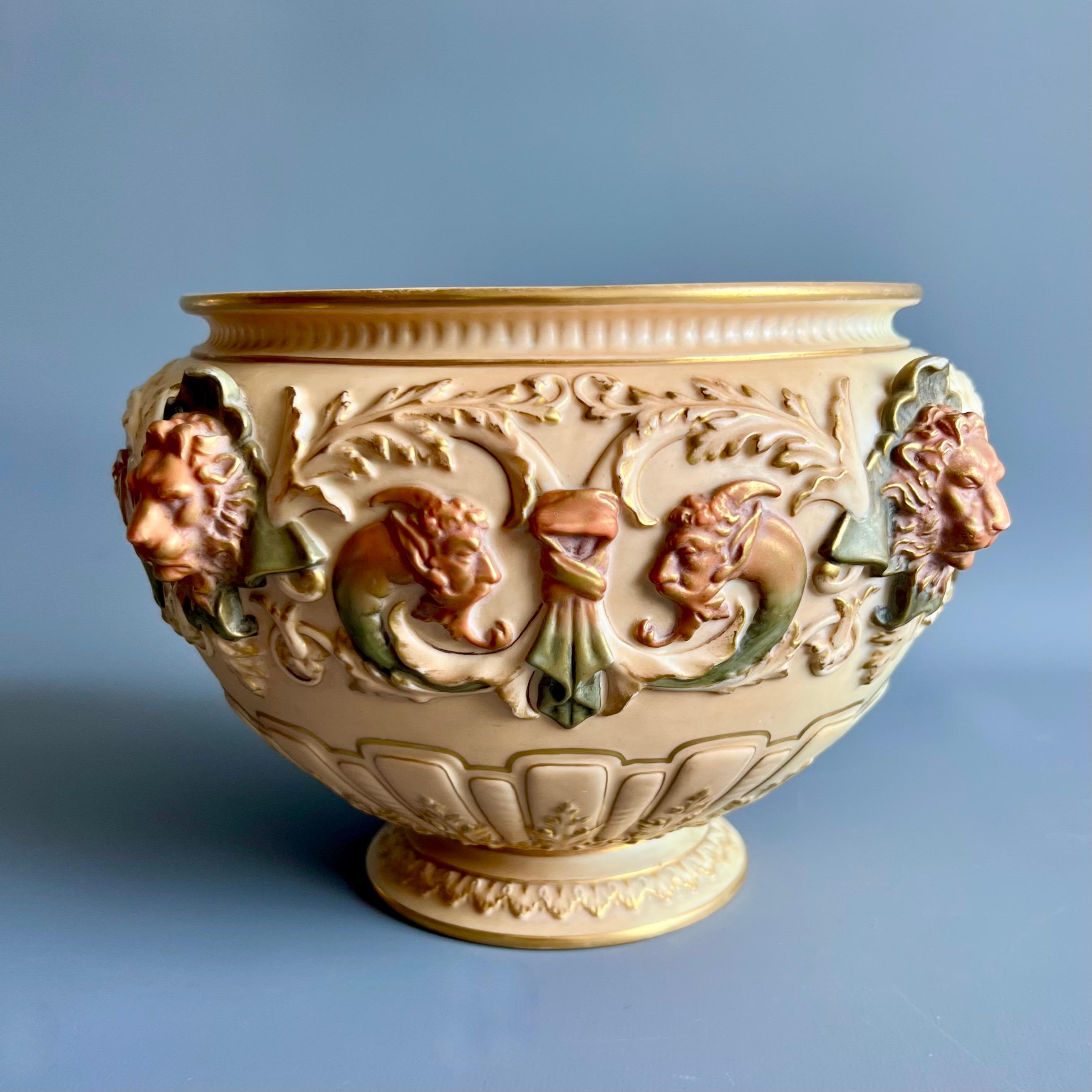 Art Nouveau Royal Worcester Porcelain Jardiniere, Blush Ivory Satyr Masks, Victorian 1901